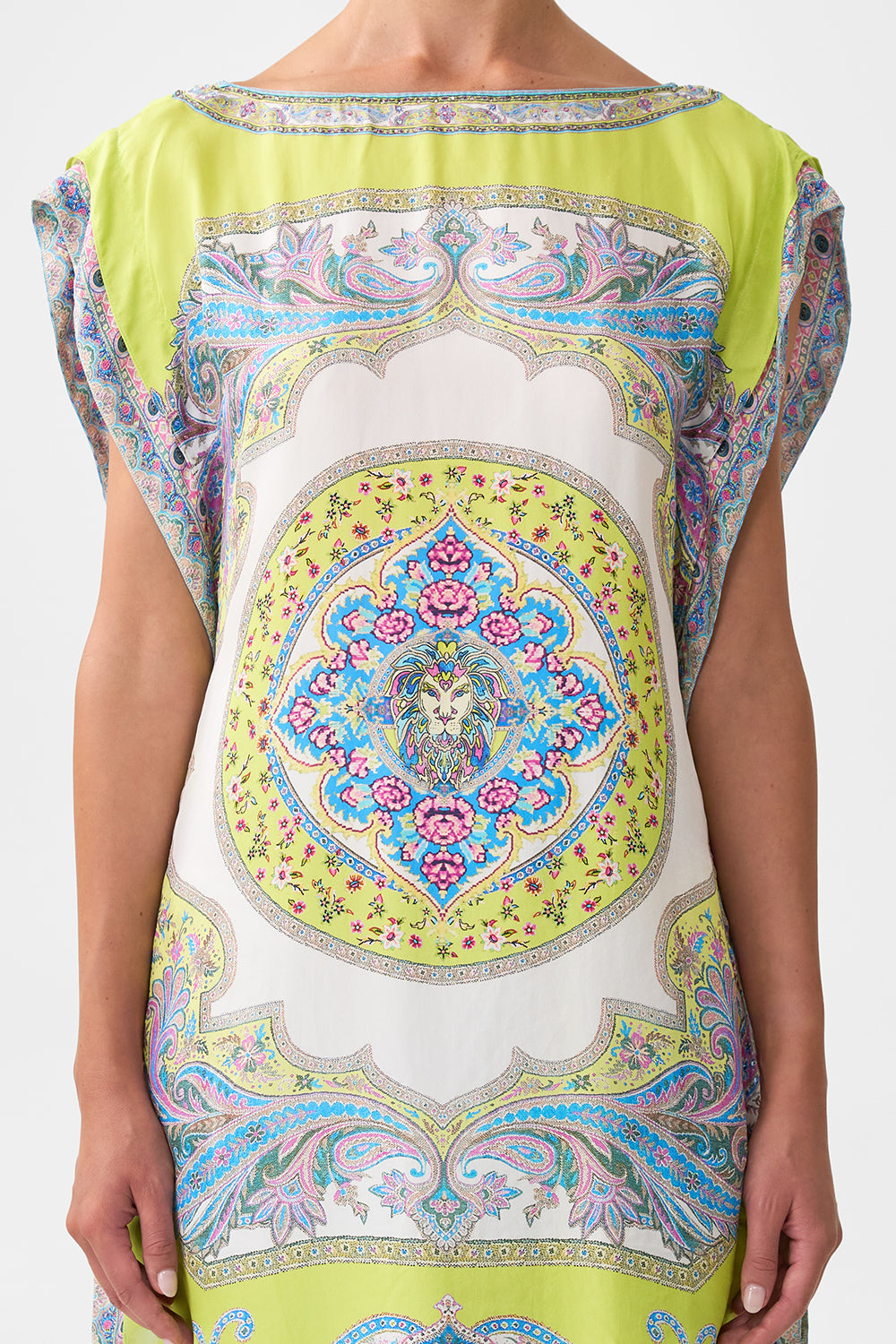 The CAMILLA V-NECK LONG BIAS SLIP DRESS WITH TRAIN BOTANICAL BALLADS in our  print.
