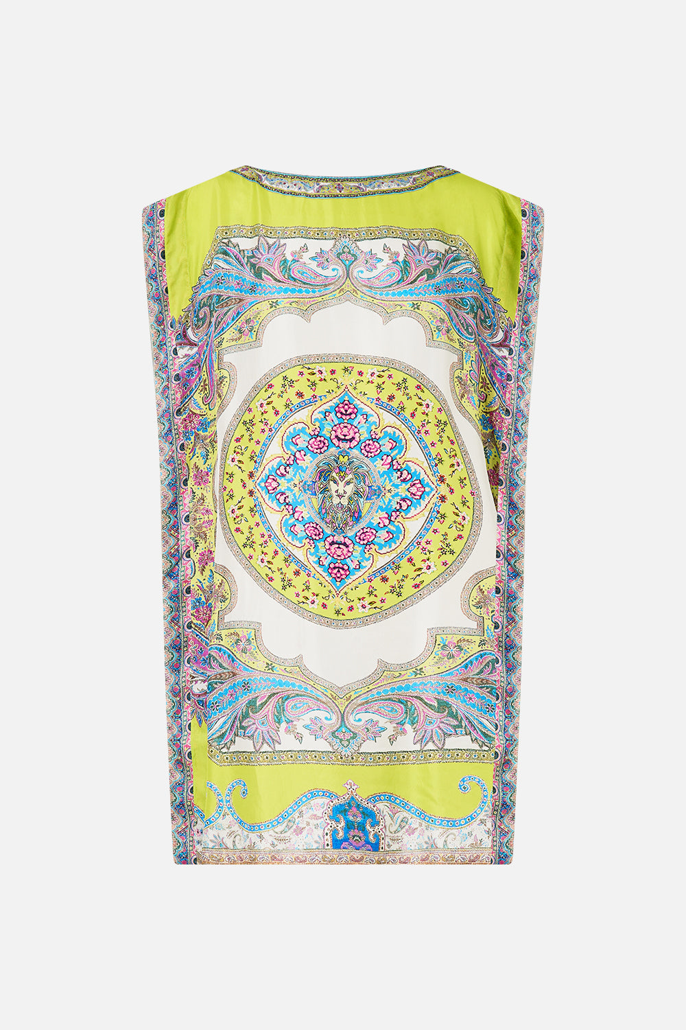 The CAMILLA V-NECK LONG BIAS SLIP DRESS WITH TRAIN BOTANICAL BALLADS in our  print.