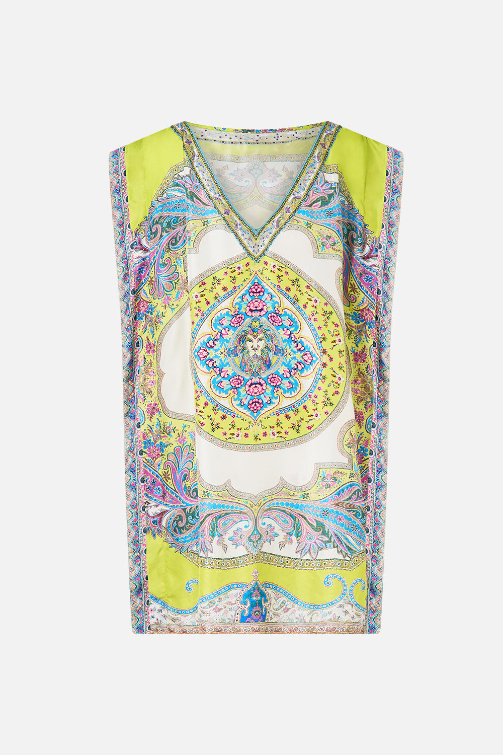 The CAMILLA V-NECK LONG BIAS SLIP DRESS WITH TRAIN BOTANICAL BALLADS in our  print.