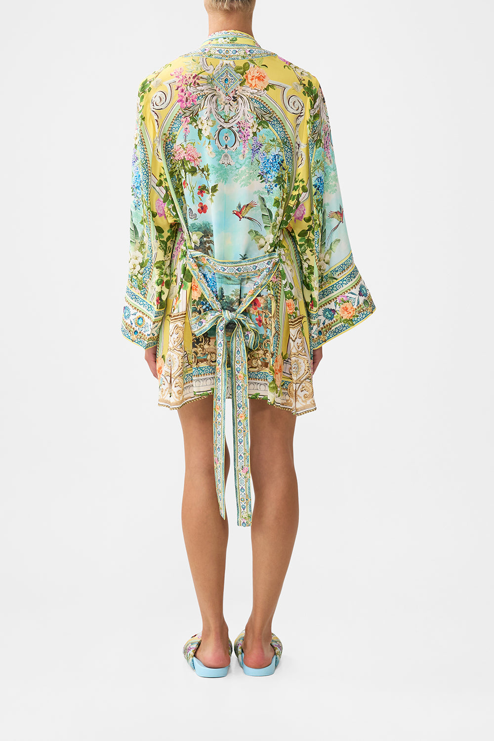 The CAMILLA BUTTON FRONT FRILL DRESS A CERAMIC GARDEN in our  print.