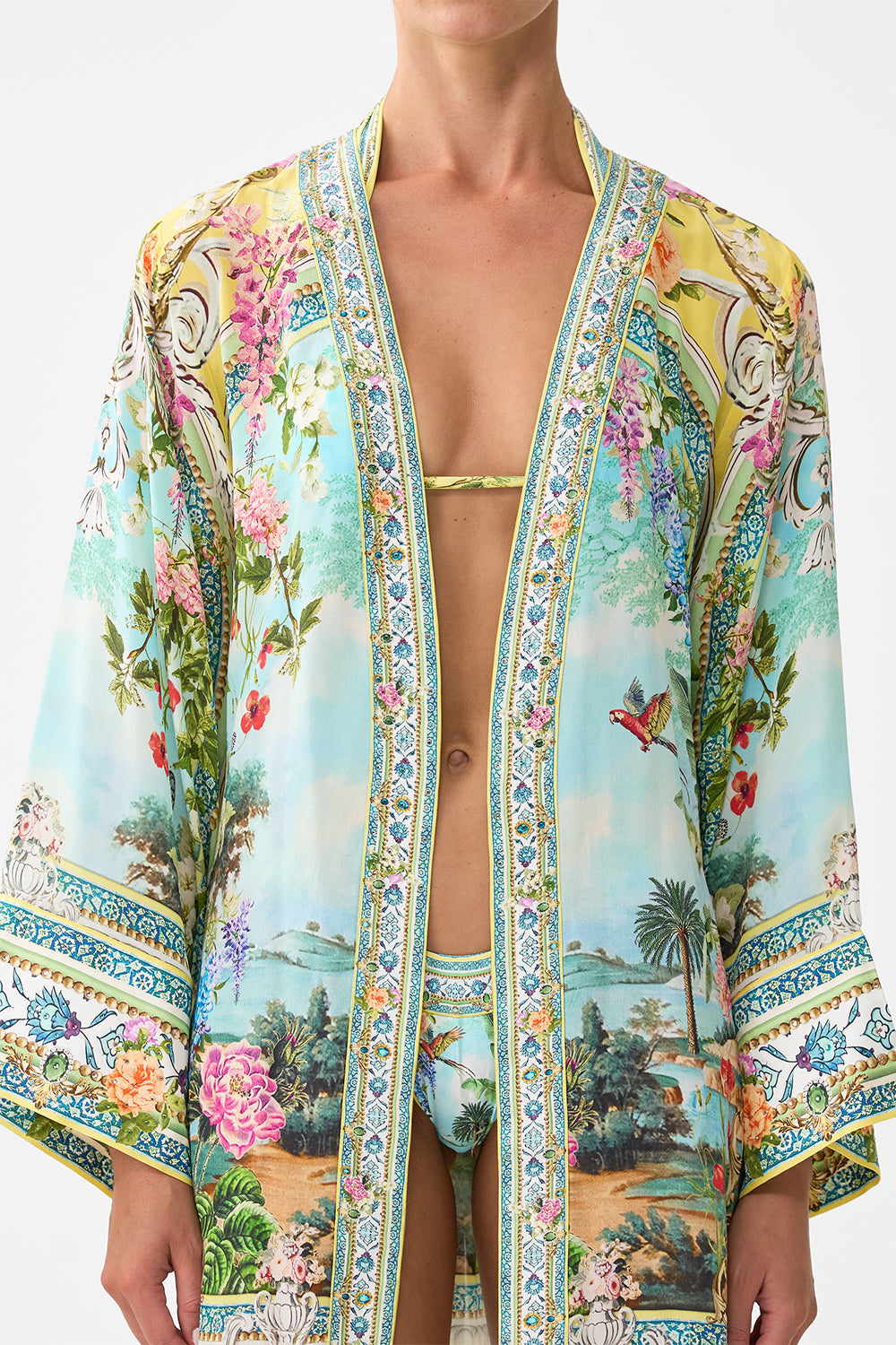 The CAMILLA BUTTON FRONT FRILL DRESS A CERAMIC GARDEN in our  print.