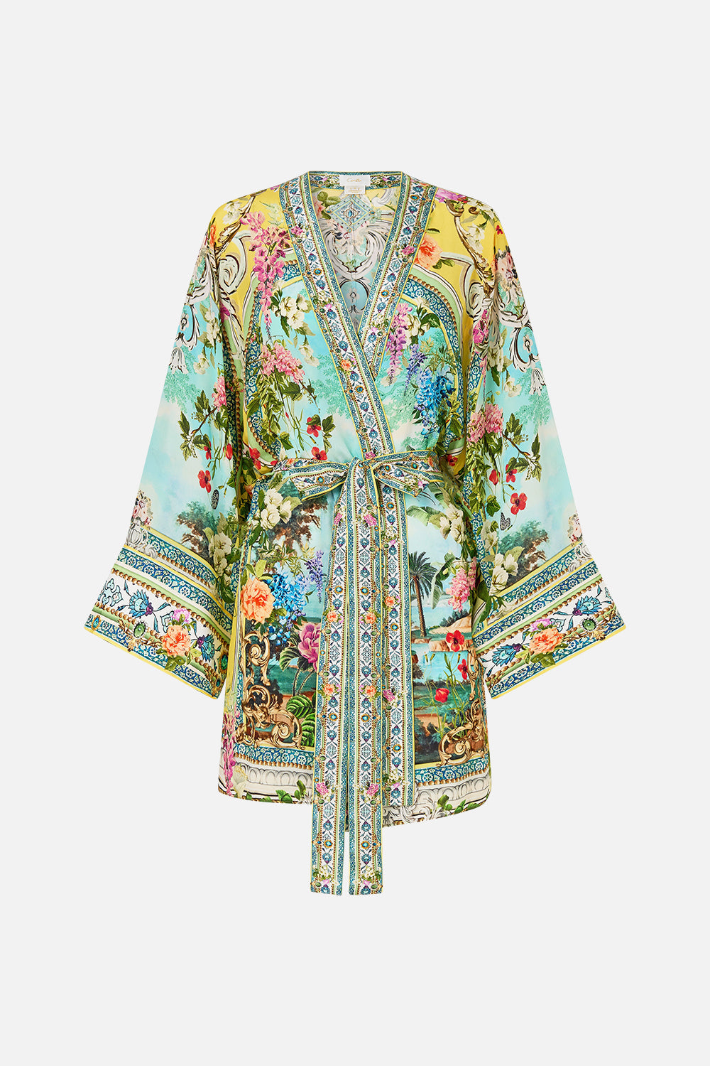 The CAMILLA BUTTON FRONT FRILL DRESS A CERAMIC GARDEN in our  print.
