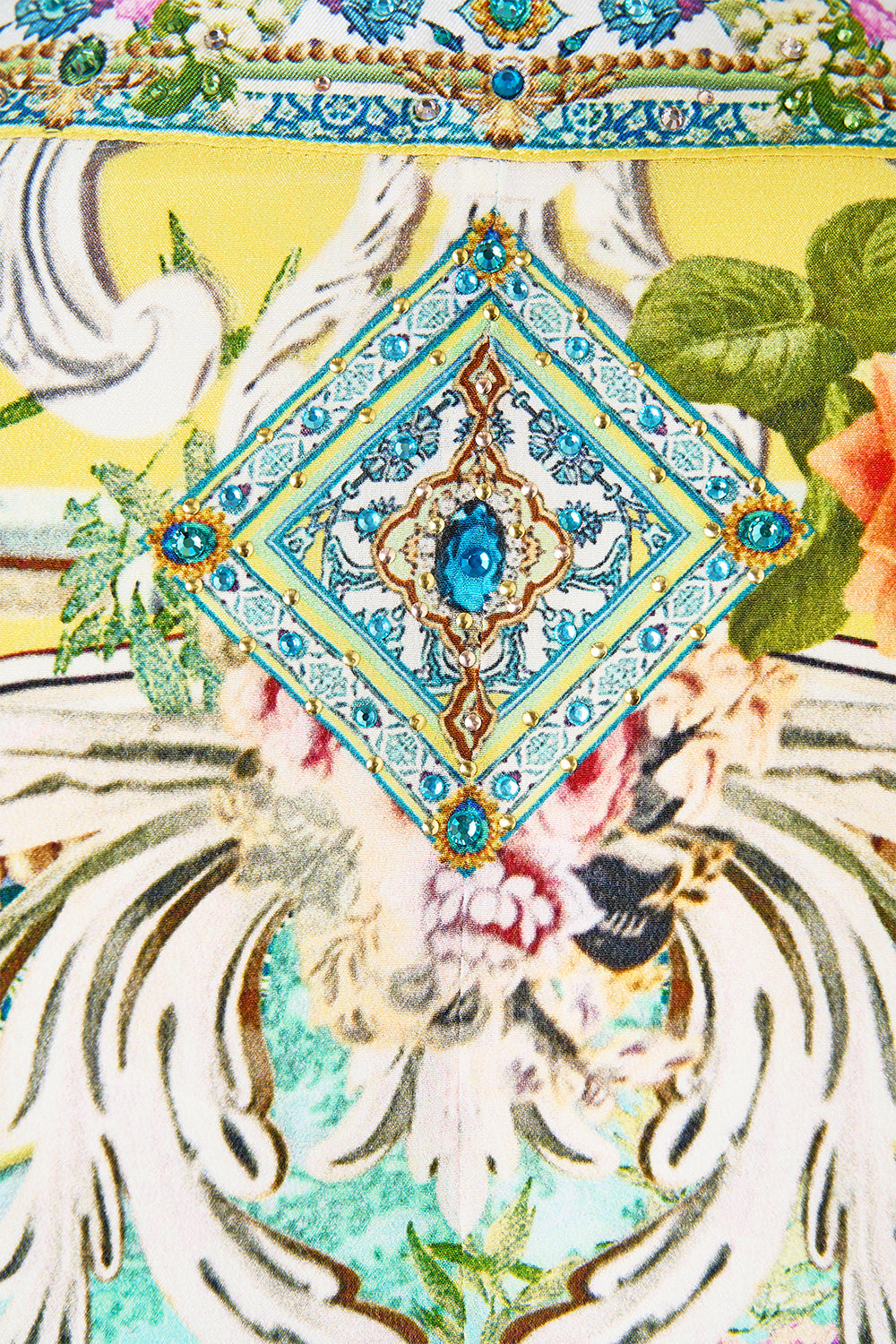 The CAMILLA BUTTON FRONT FRILL DRESS A CERAMIC GARDEN in our  print.