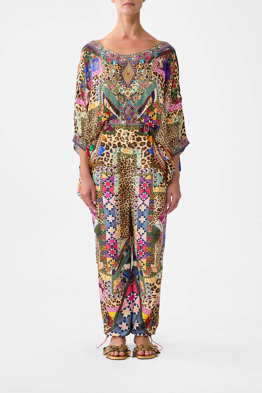 The CAMILLA GATHERED TIERED DRESS WITH FRILL DETAIL FELINE FOLKLORE in our  print.
