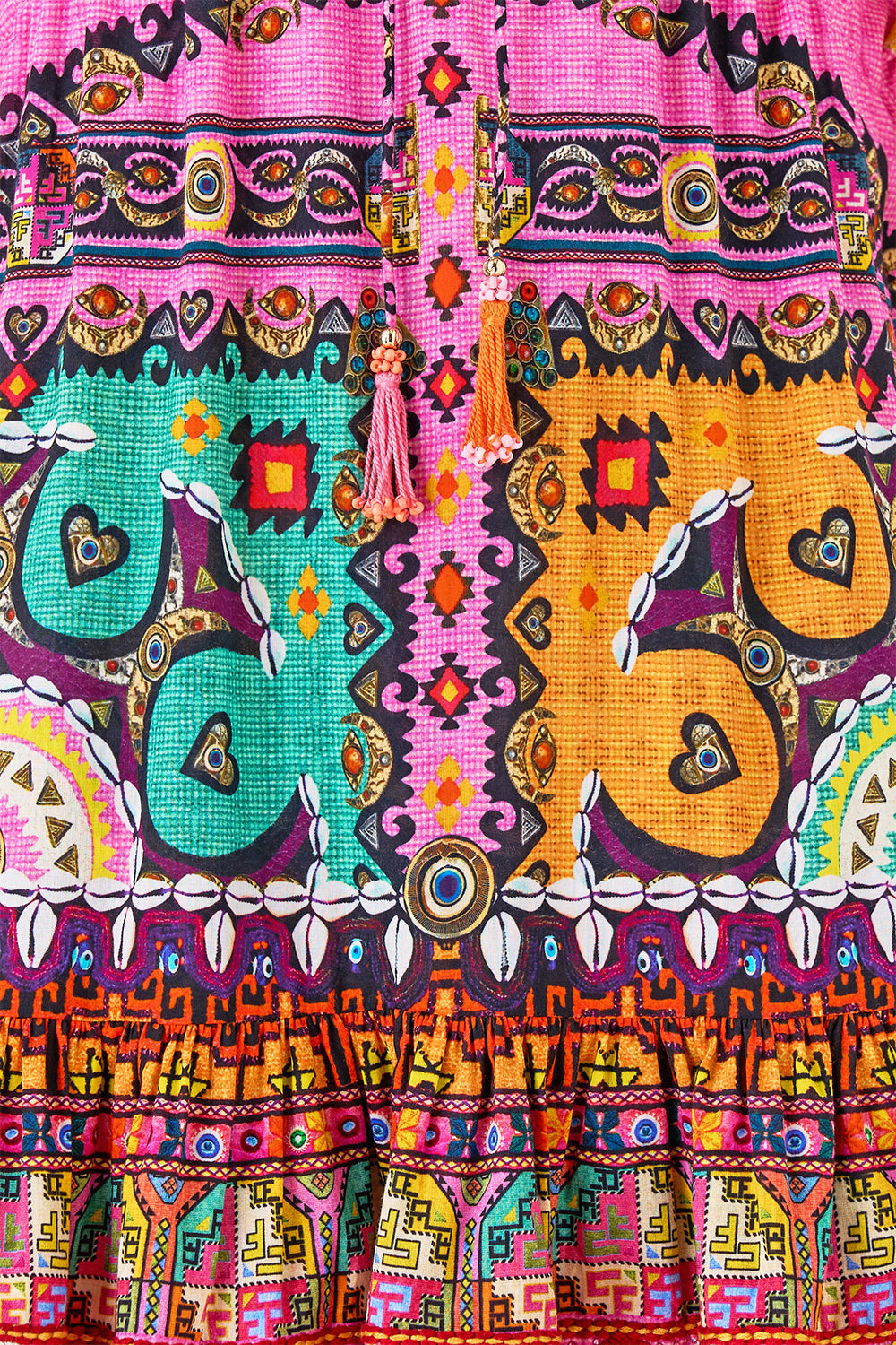 The CAMILLA MINI DRESS WITH LONG OVERLAY THE CONCUBINES CORRIDOR in our  print.