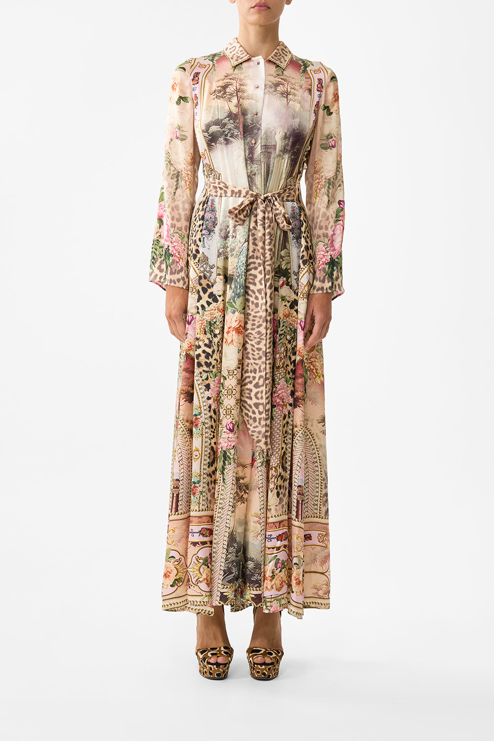 The CAMILLA ONE SHOULDER DRESS WITH BLOUSON SLEEVE FELINE FOLKLORE in our  print.