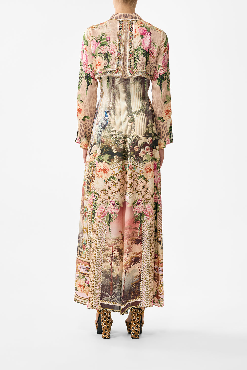 The CAMILLA ONE SHOULDER DRESS WITH BLOUSON SLEEVE FELINE FOLKLORE in our  print.