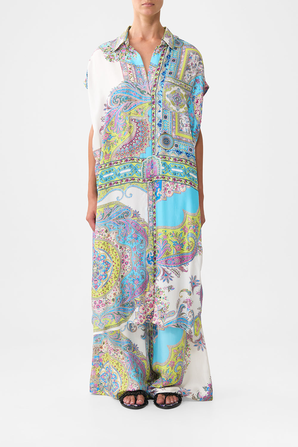 The CAMILLA SHORT SLEEVE CAMP COLLARED SHIRT THE CONCUBINES CORRIDOR in our  print.