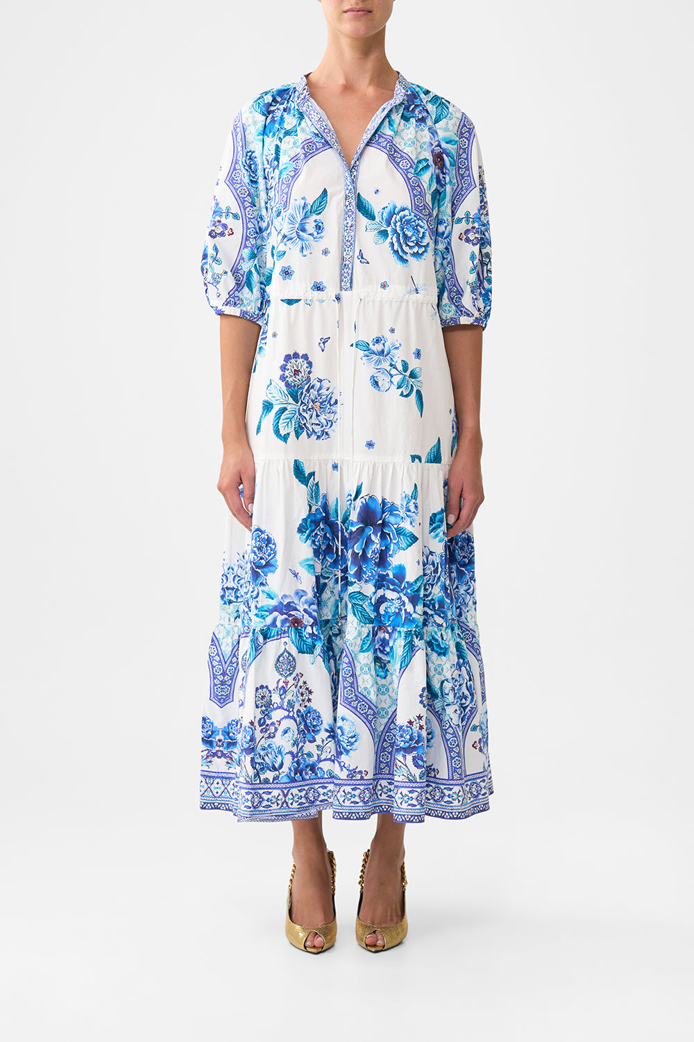 The CAMILLA LONG SILK CRINKLE CHIFFON SCARF A CERAMIC GARDEN in our A CERAMIC GARDEN print.