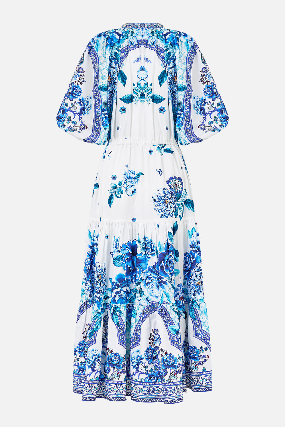 The CAMILLA LONG SILK CRINKLE CHIFFON SCARF A CERAMIC GARDEN in our  print.