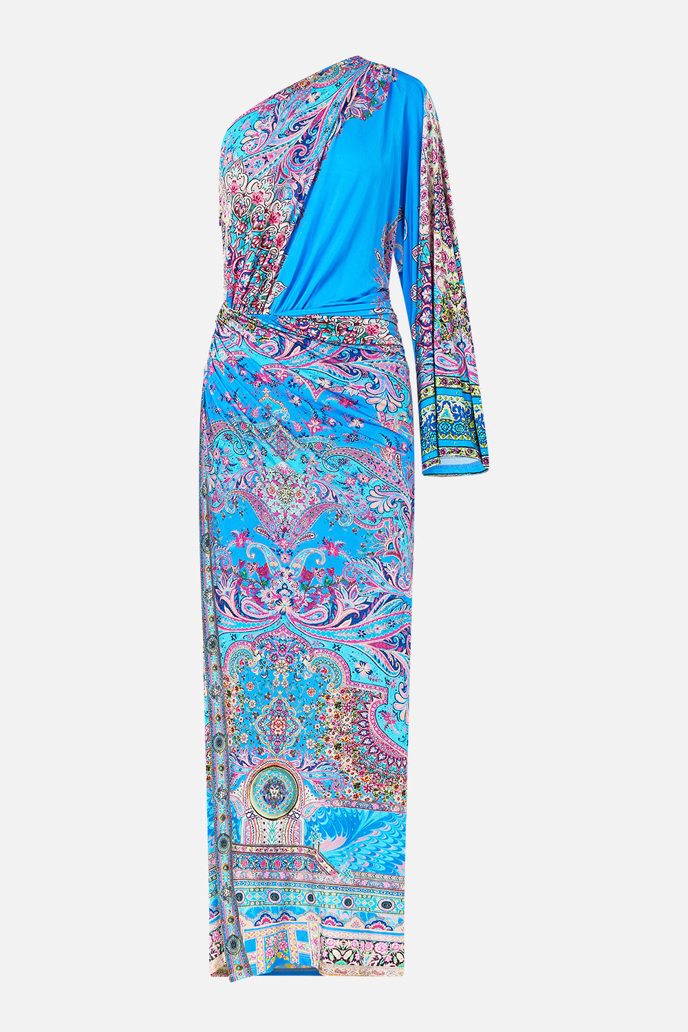 ONE SHOULDER JERSEY DRESS FOOTSTEPS IN FOLKLORE