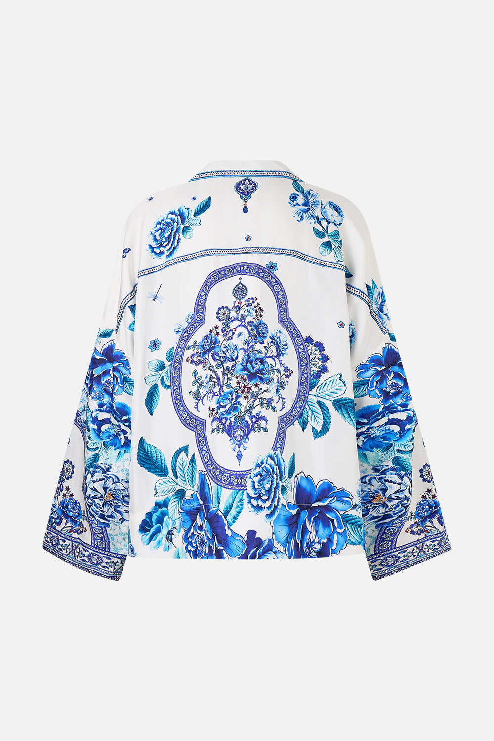 The CAMILLA DRAWSTRING POUCH BAG WITH CHAIN STRAP TILED IN TIME in our  print.