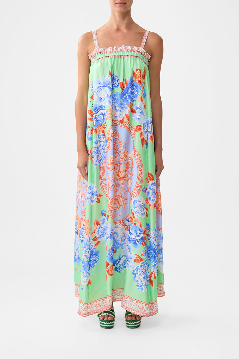 The CAMILLA WAISTED DRESS WITH HEM RUFFLE ILLUSTRATION NATION in our  print.