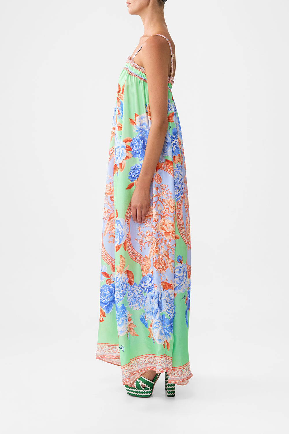 The CAMILLA WAISTED DRESS WITH HEM RUFFLE ILLUSTRATION NATION in our  print.