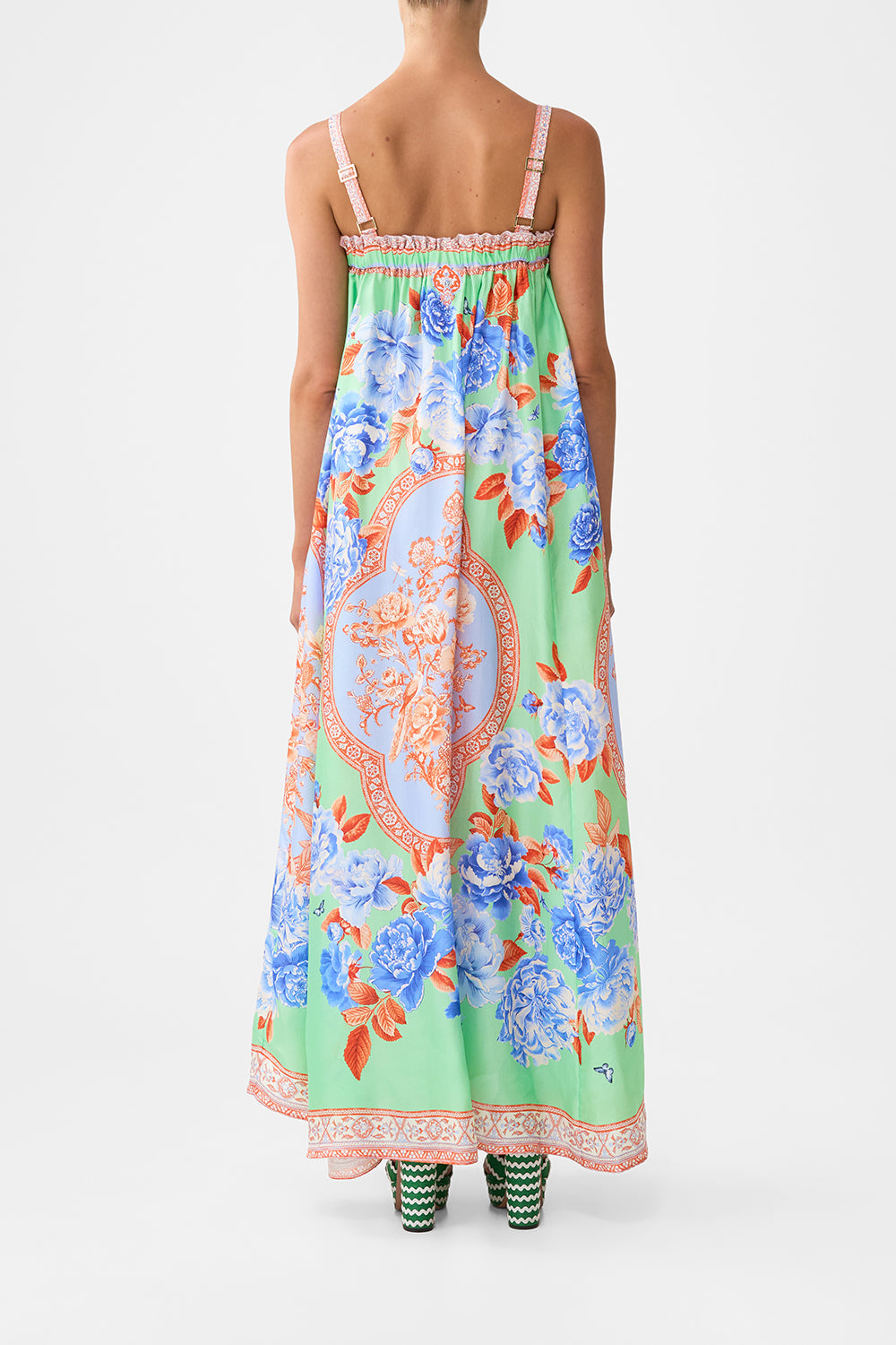 The CAMILLA WAISTED DRESS WITH HEM RUFFLE ILLUSTRATION NATION in our  print.
