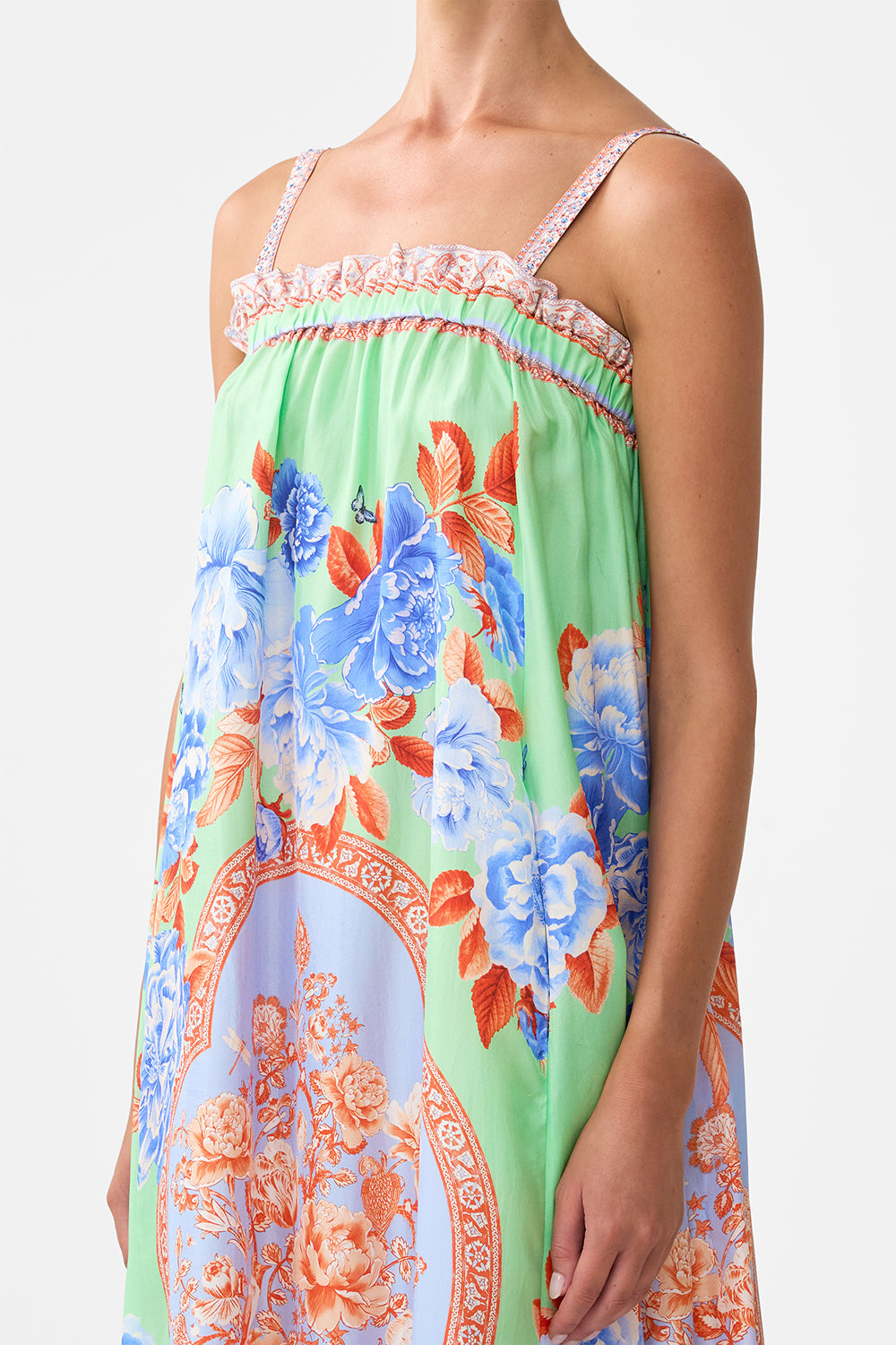 The CAMILLA WAISTED DRESS WITH HEM RUFFLE ILLUSTRATION NATION in our  print.