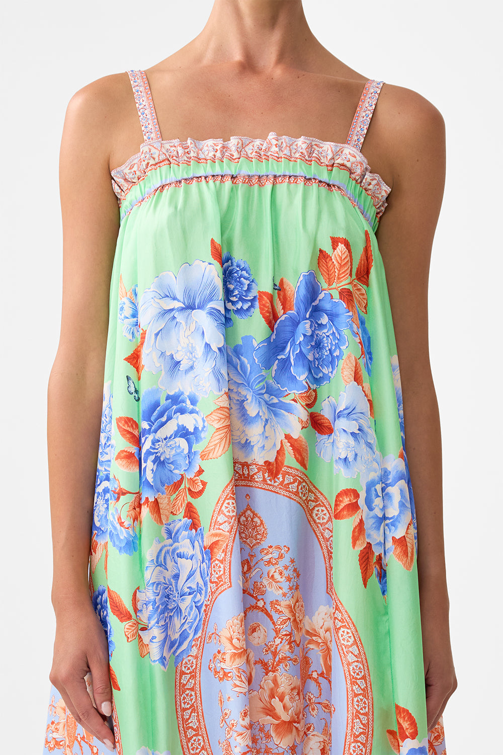The CAMILLA WAISTED DRESS WITH HEM RUFFLE ILLUSTRATION NATION in our  print.