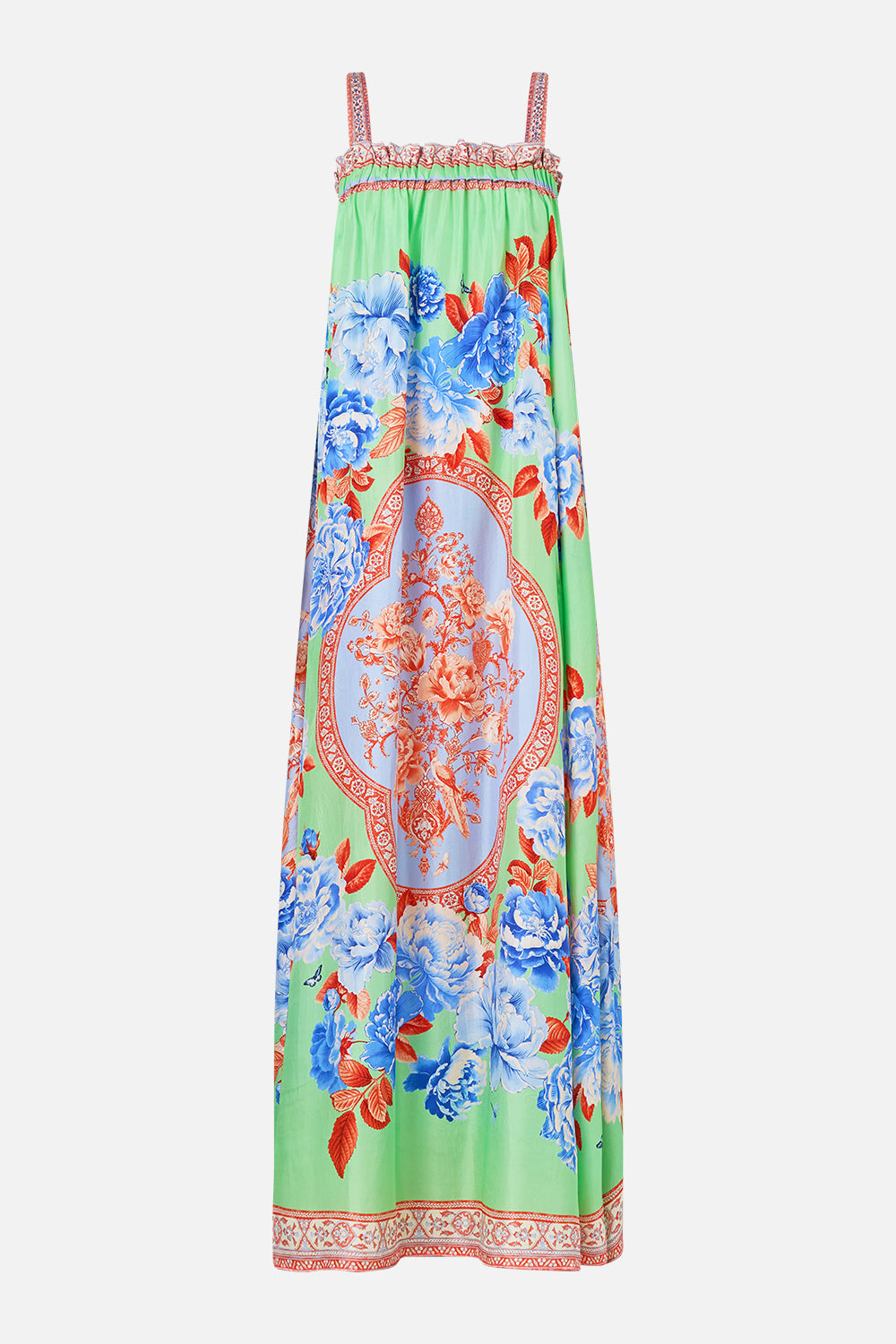 The CAMILLA WAISTED DRESS WITH HEM RUFFLE ILLUSTRATION NATION in our  print.