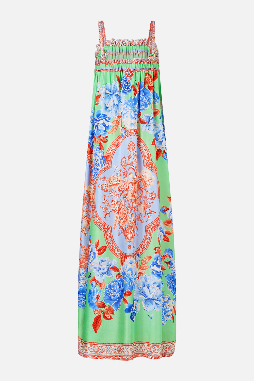 The CAMILLA WAISTED DRESS WITH HEM RUFFLE ILLUSTRATION NATION in our  print.