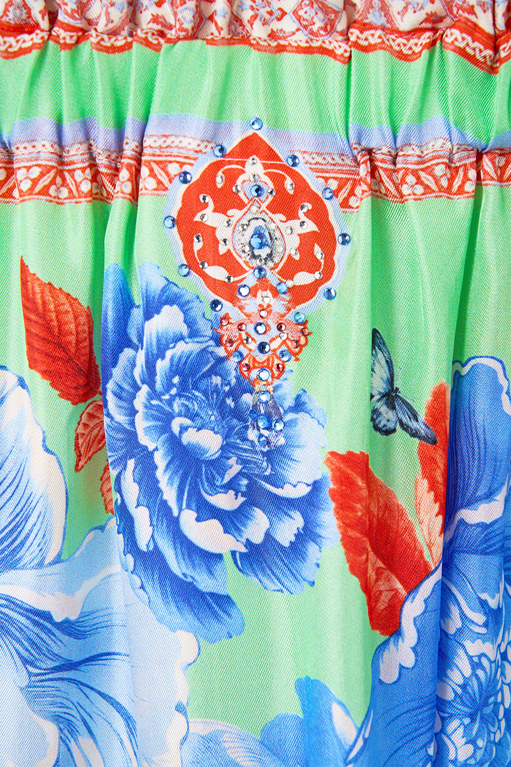 The CAMILLA WAISTED DRESS WITH HEM RUFFLE ILLUSTRATION NATION in our  print.