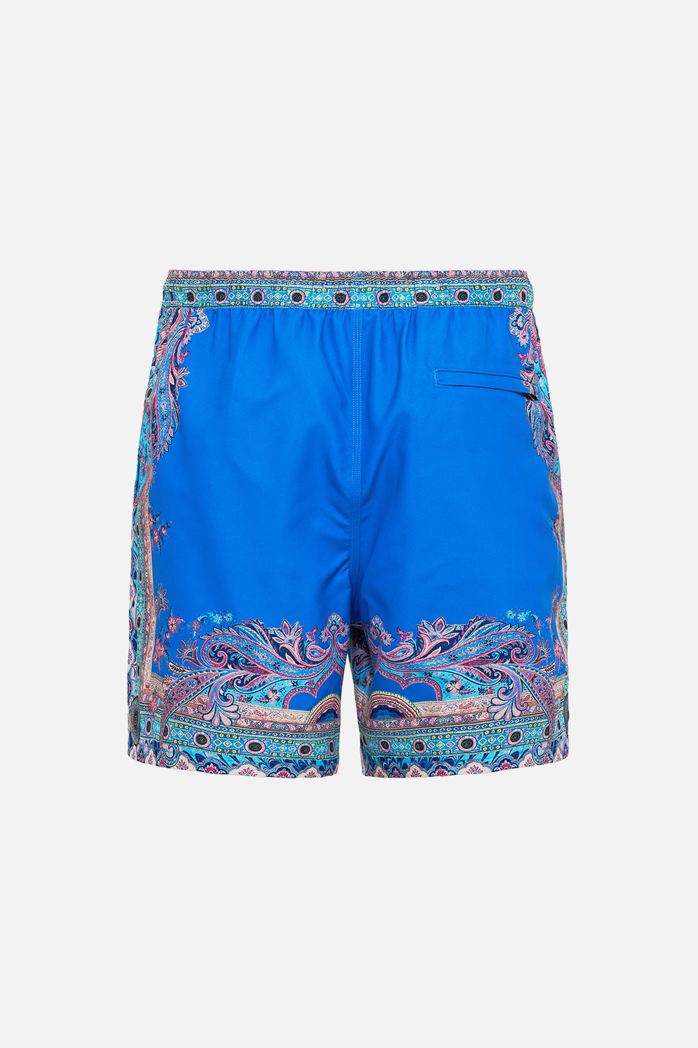 The CAMILLA MID LENGTH BOARDSHORT WITH ELASTIC WAIST POSTCARDS & PALM TREES in our  print.