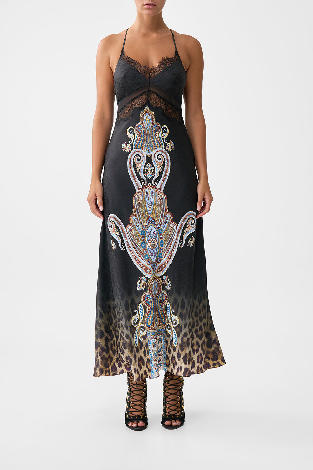 The CAMILLA WRAP SKIRT WITH GATHERED PANELS PATCHWORK ALCHEMY in our  print.