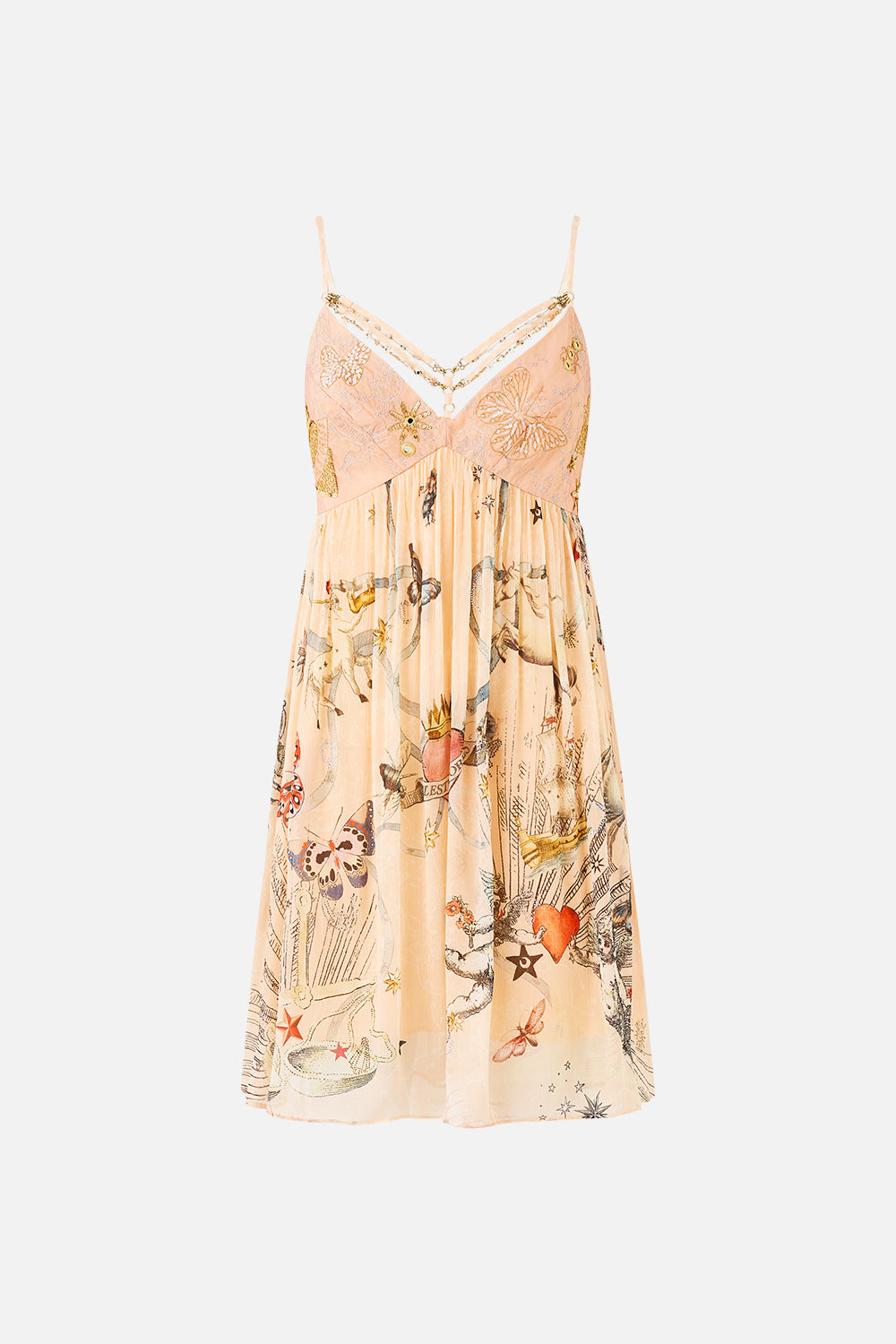 The CAMILLA SHOESTRING STRAP JUMPSUIT THE CONCUBINES CORRIDOR in our  print.