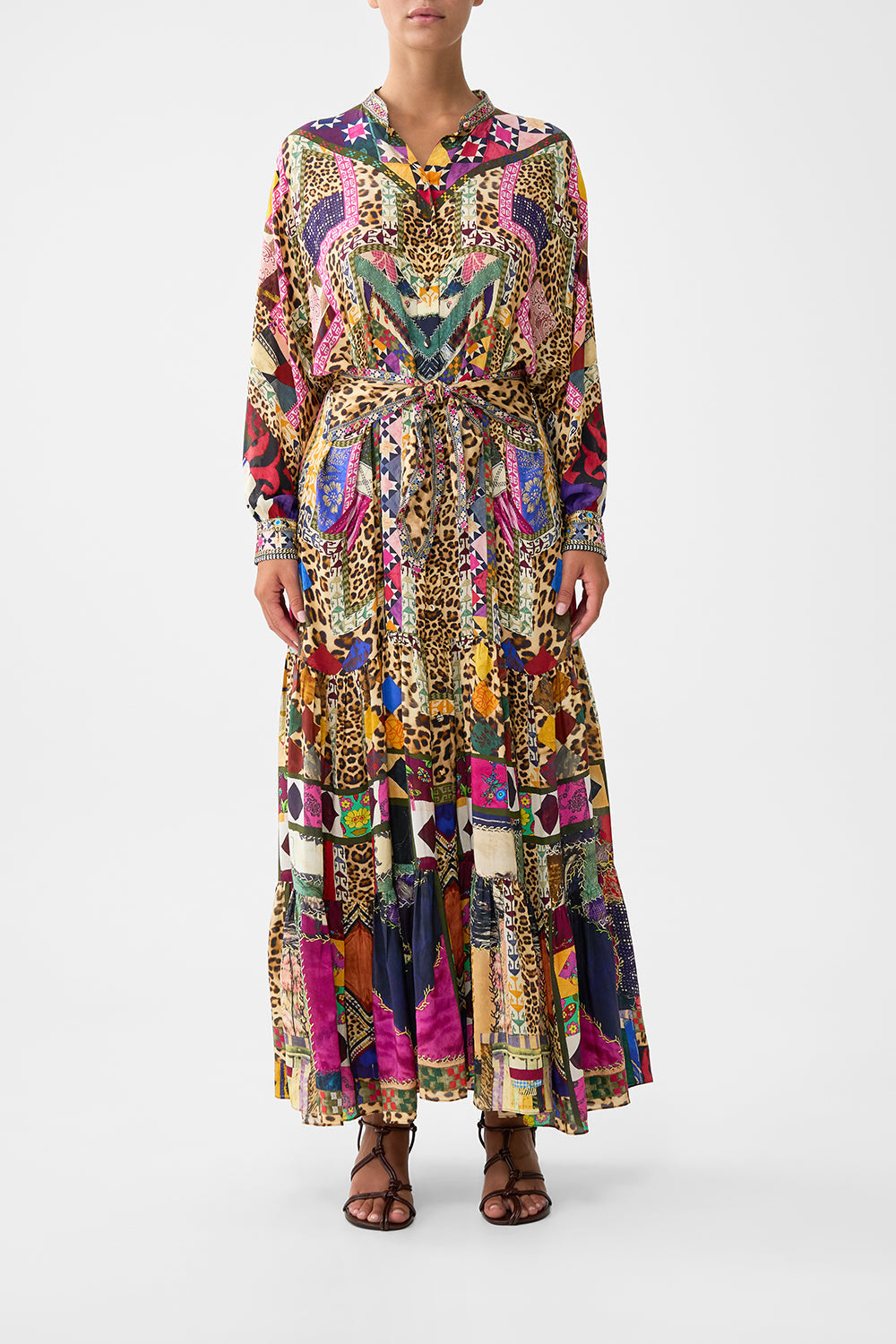 TIERED SHIRTDRESS WITH WIDE WAIST TIE EMBROIDERED EVER AFTER