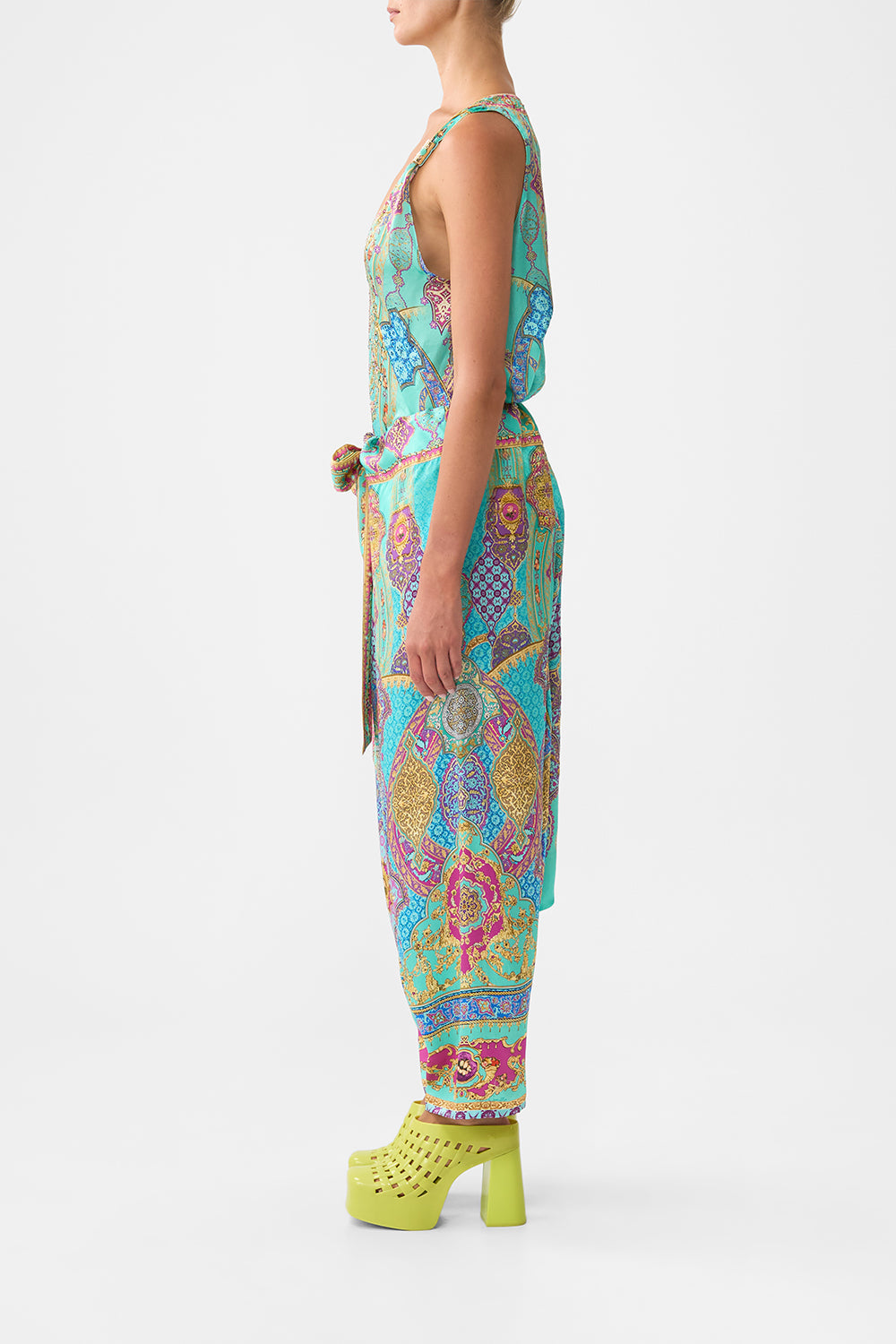 The CAMILLA GATHERED CUT OUT DRESS FELINE FOLKLORE in our  print.