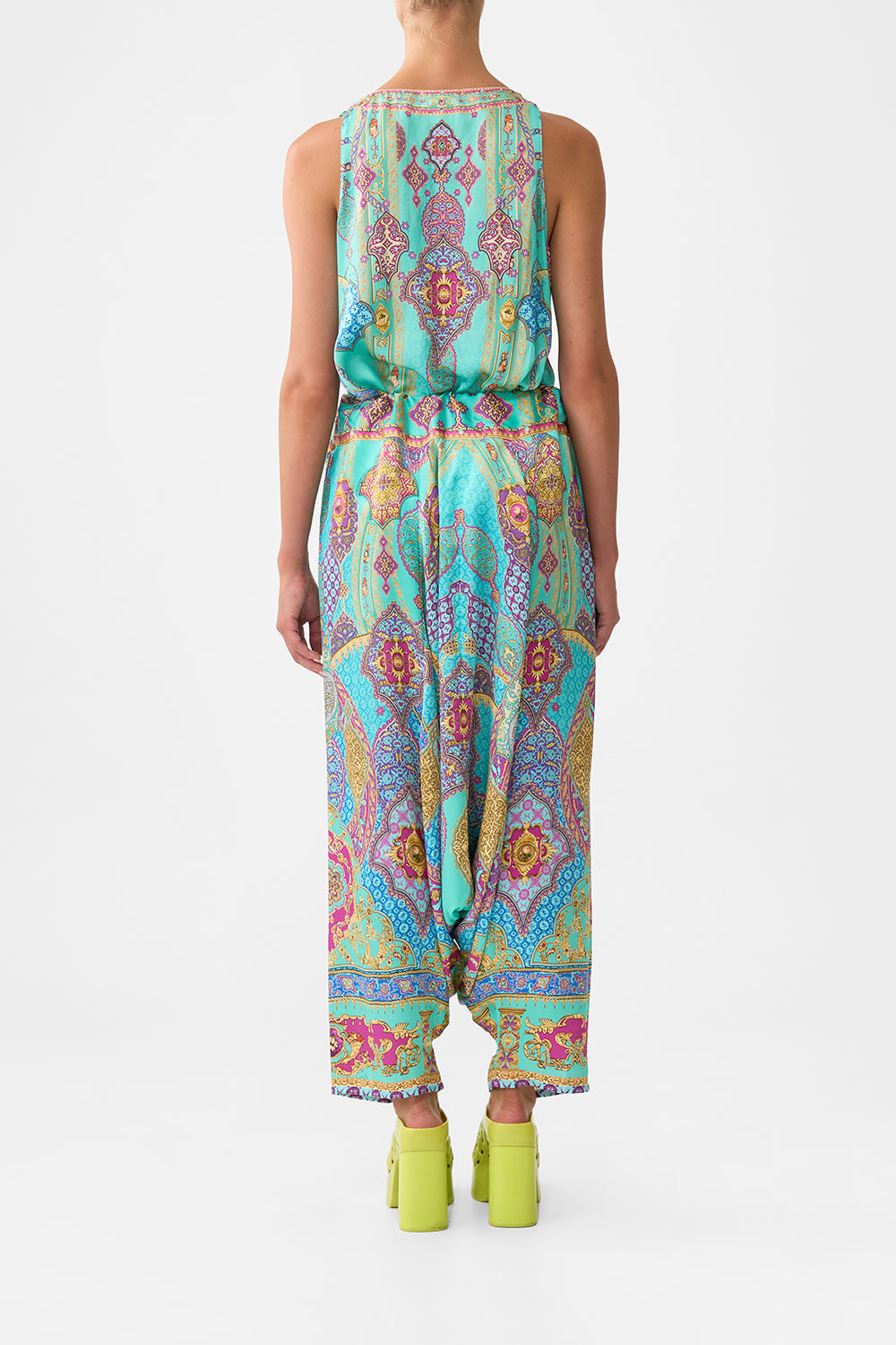 The CAMILLA GATHERED CUT OUT DRESS FELINE FOLKLORE in our  print.