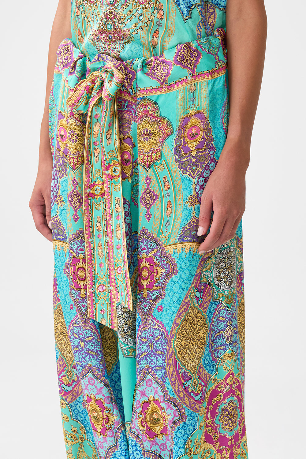 The CAMILLA GATHERED CUT OUT DRESS FELINE FOLKLORE in our  print.