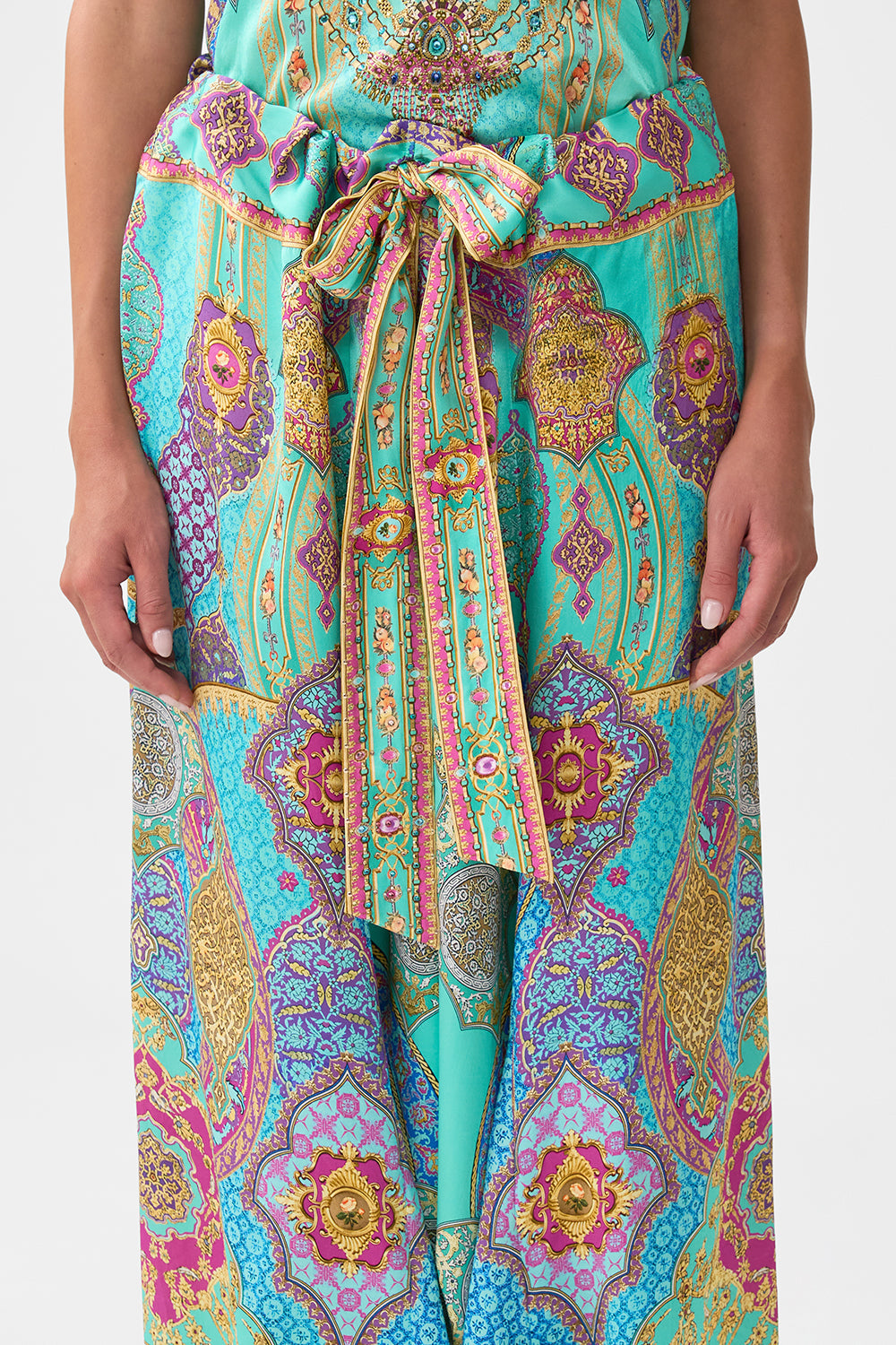 The CAMILLA GATHERED CUT OUT DRESS FELINE FOLKLORE in our  print.