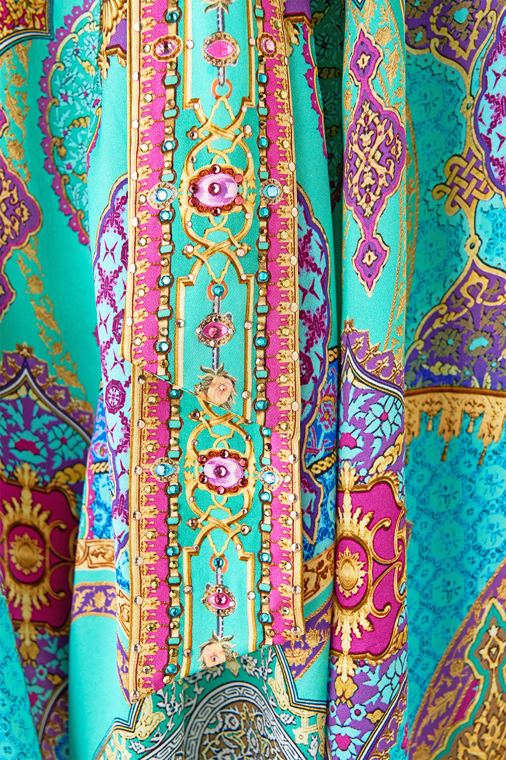 The CAMILLA GATHERED CUT OUT DRESS FELINE FOLKLORE in our  print.