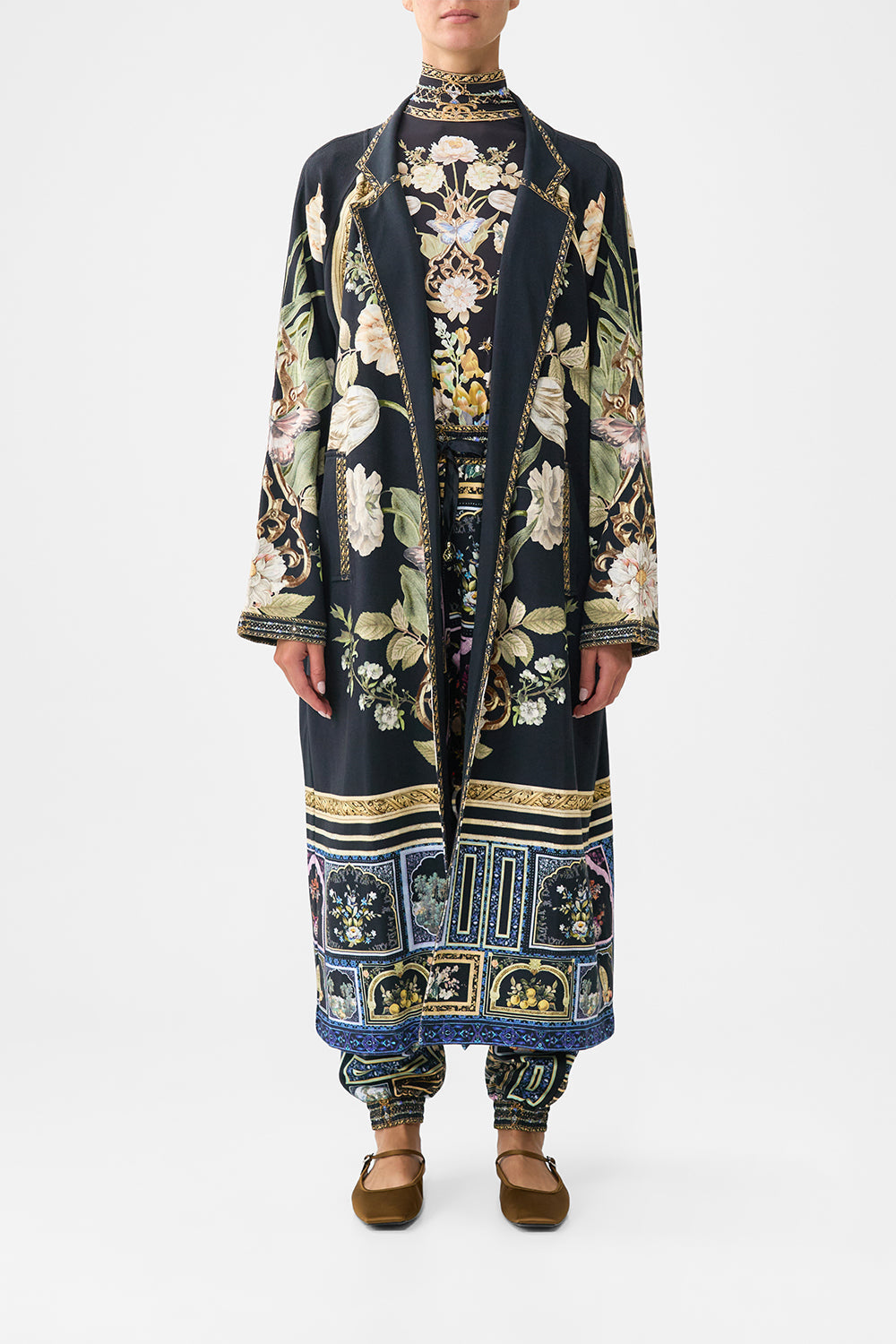 The CAMILLA LONG TIERED DRESS WITH BOW TIES PATCHWORK PANORAMA in our  print.