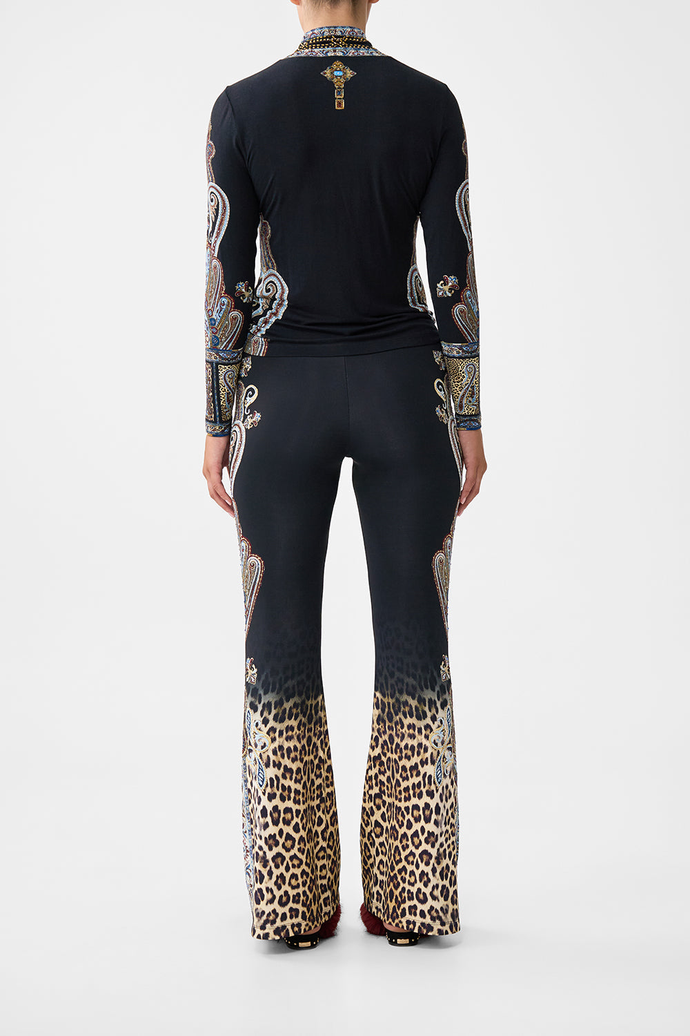 The CAMILLA SHORT SLEEVE CAMP COLLARED SHIRT TILED IN TIME in our  print.