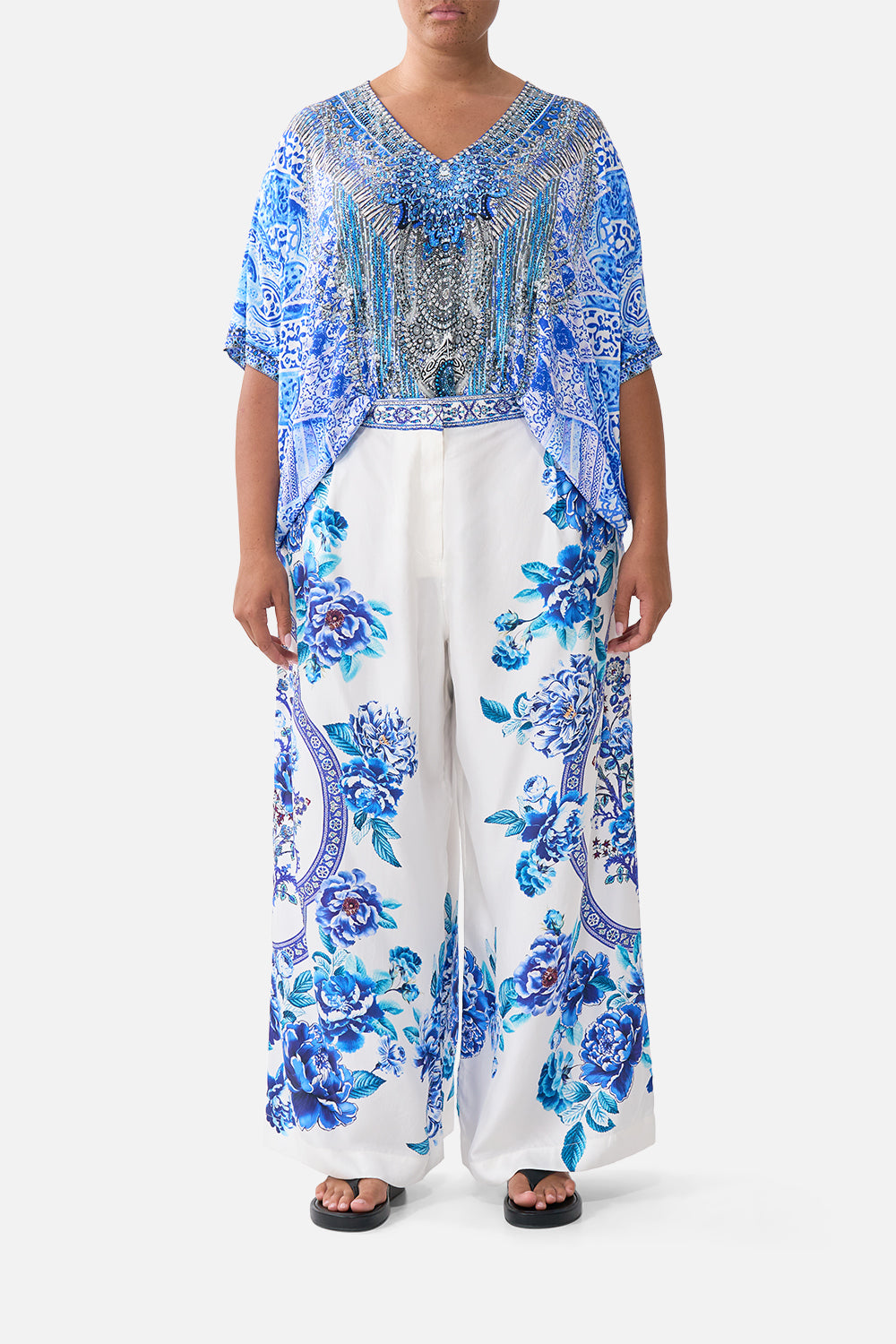 The CAMILLA LACE UP FRONT BLOUSON SLEEVE BLOUSE FABRIC OF TIME in our  print.