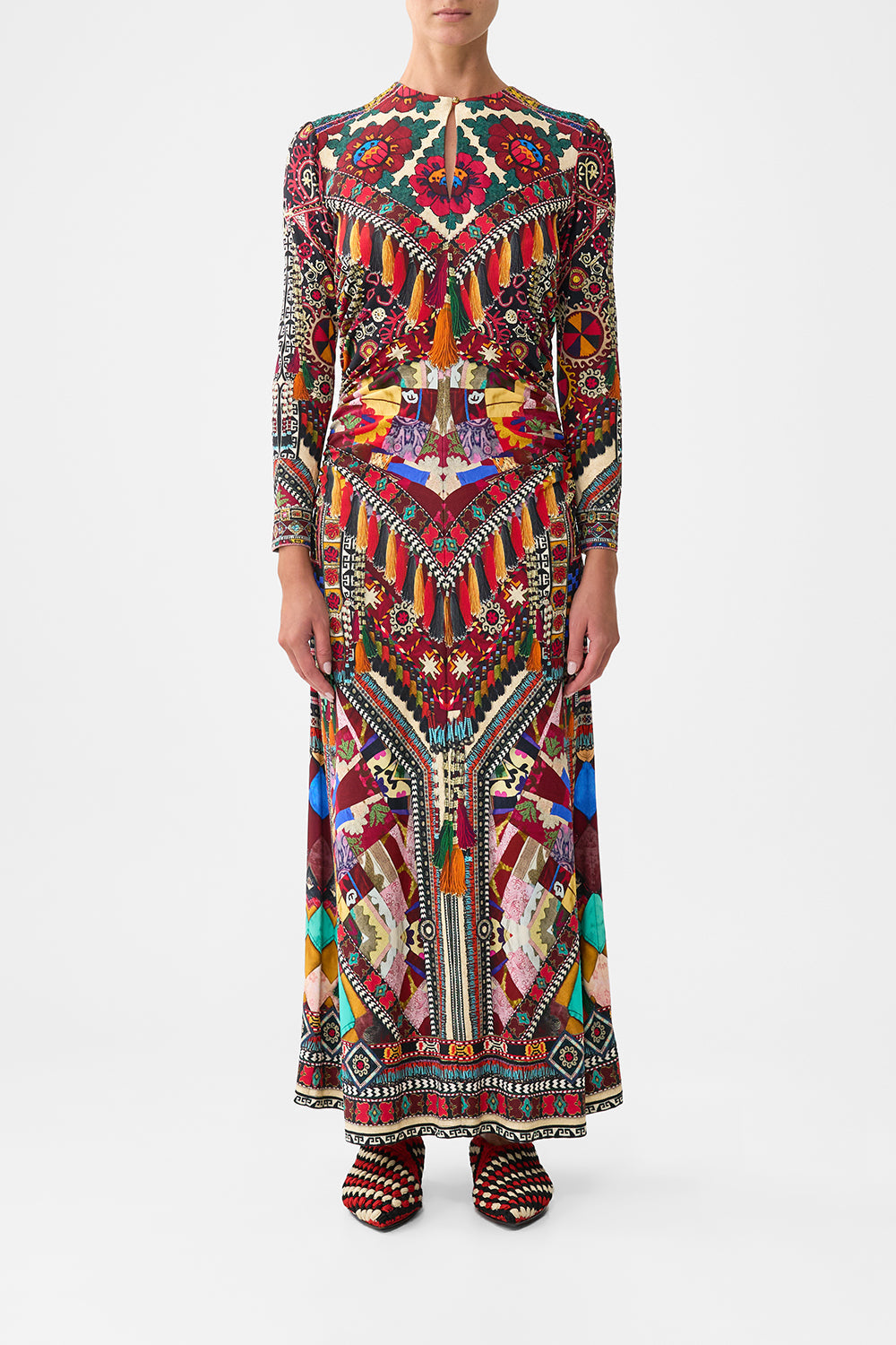 The CAMILLA WAISTED DRAPED JERSEY DRESS OTTOMAN ELEGANCE in our  print.