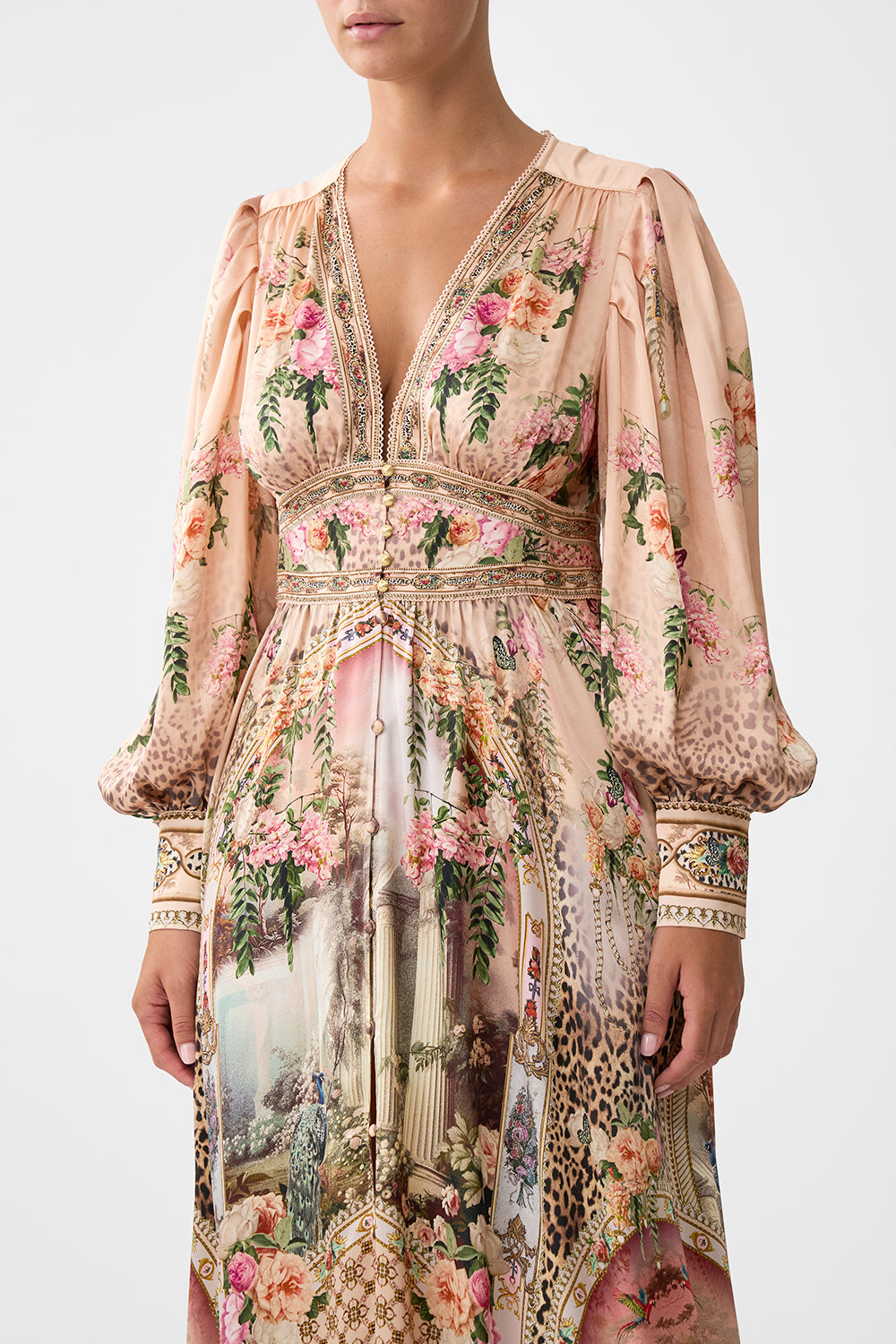 SHAPED WAISTBAND DRESS WITH GATHERED SLEEVES WATERCOLOUR WONDERLAND