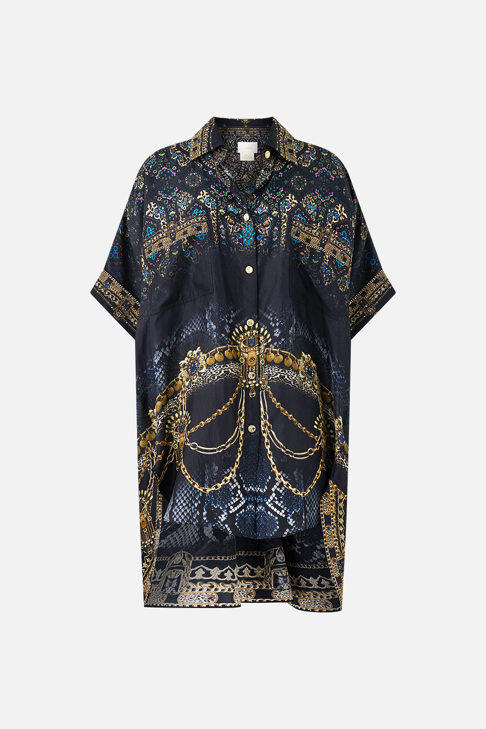 The CAMILLA KIMONO SLEEVE DRESS WITH SHIRRING DETAIL THE CONCUBINES CORRIDOR in our  print.