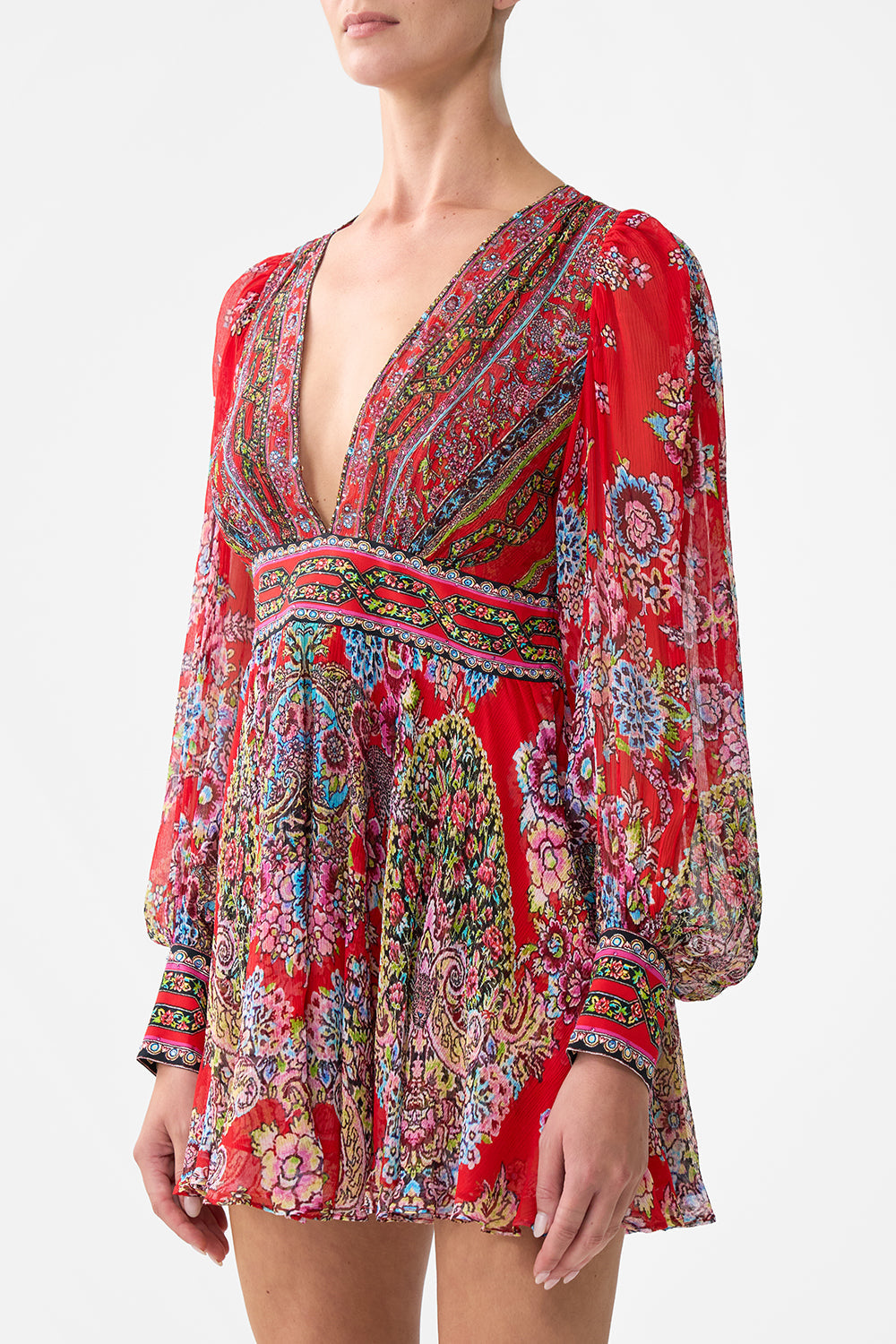 The CAMILLA short dress with blouson sleeve from our print artisans of Anatolia