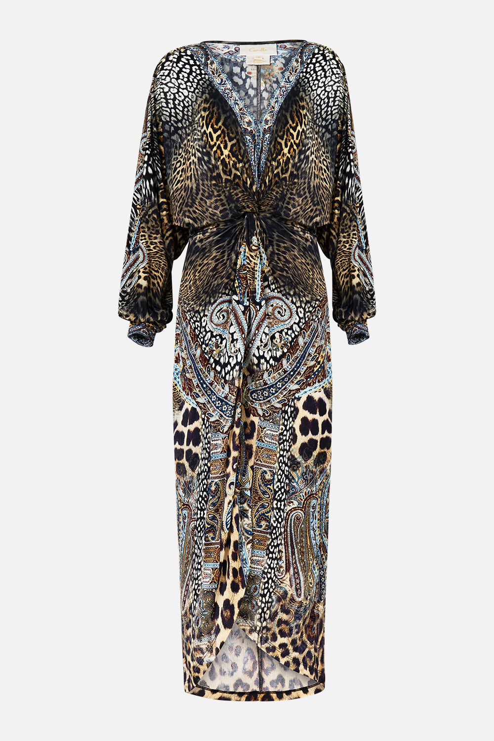 The CAMILLA SHORT SLEEVE KAFTAN WITH TIE WAIST FELINE FOLKLORE in our  print.