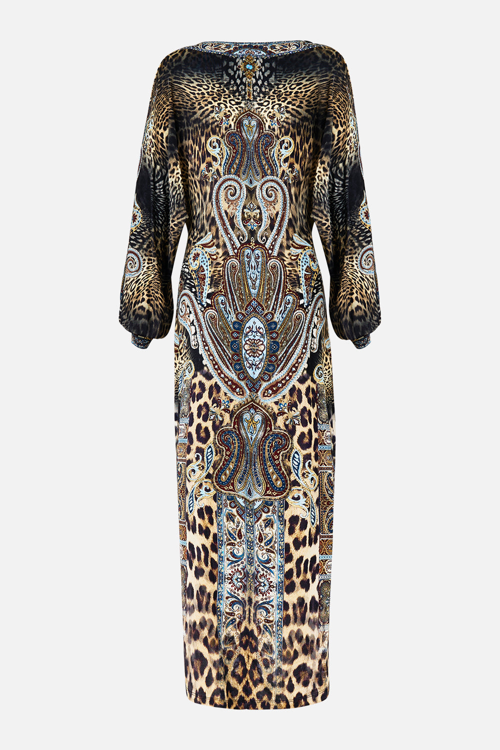 The CAMILLA SHORT SLEEVE KAFTAN WITH TIE WAIST FELINE FOLKLORE in our  print.