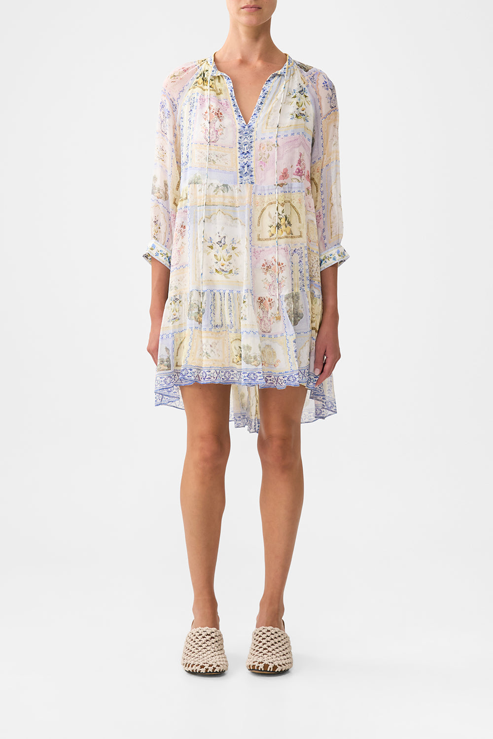 The CAMILLA BUTTON FRONT FRILL DRESS WATERCOLOUR WONDERLAND in our  print.