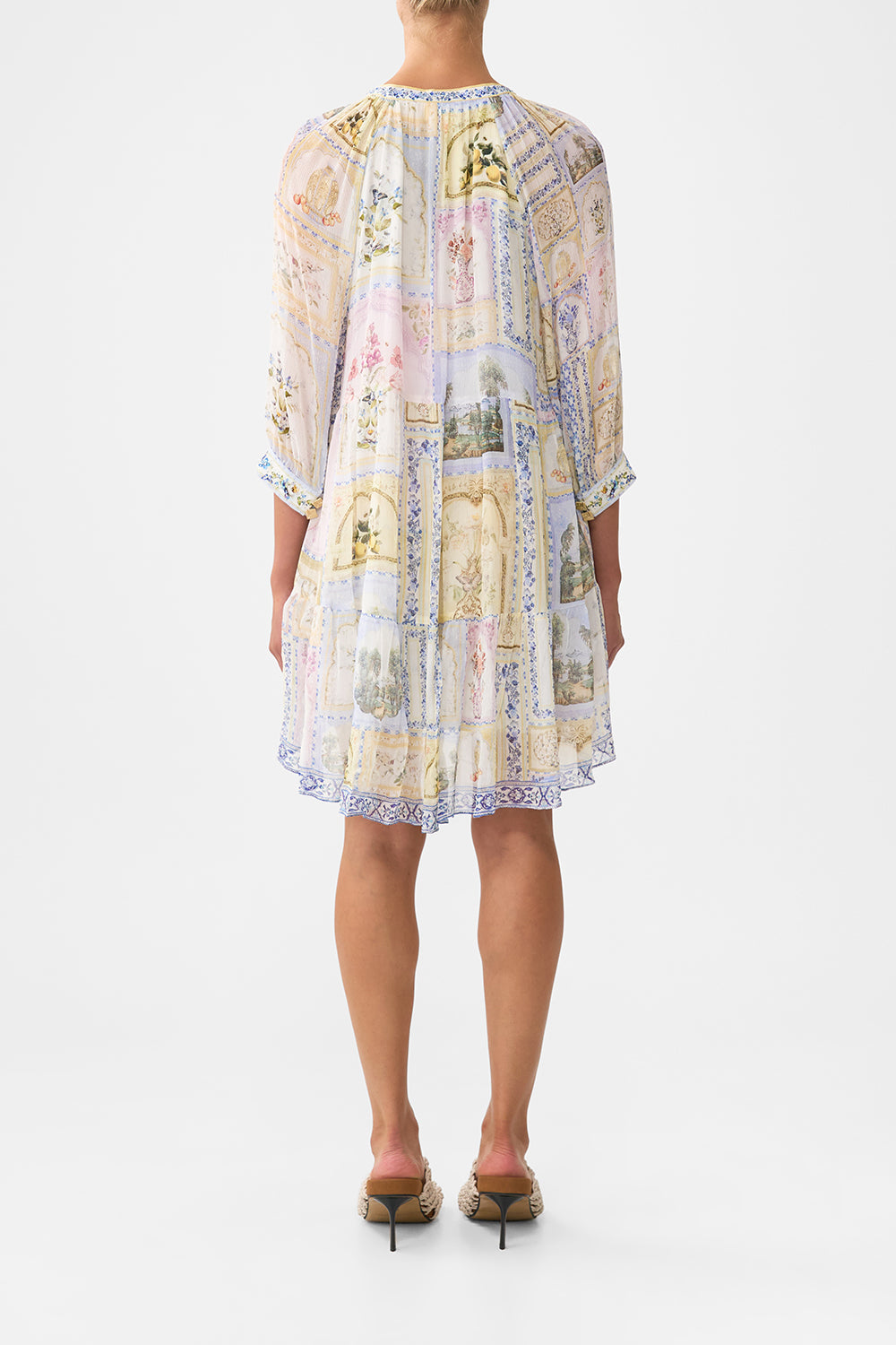 The CAMILLA BUTTON FRONT FRILL DRESS WATERCOLOUR WONDERLAND in our  print.