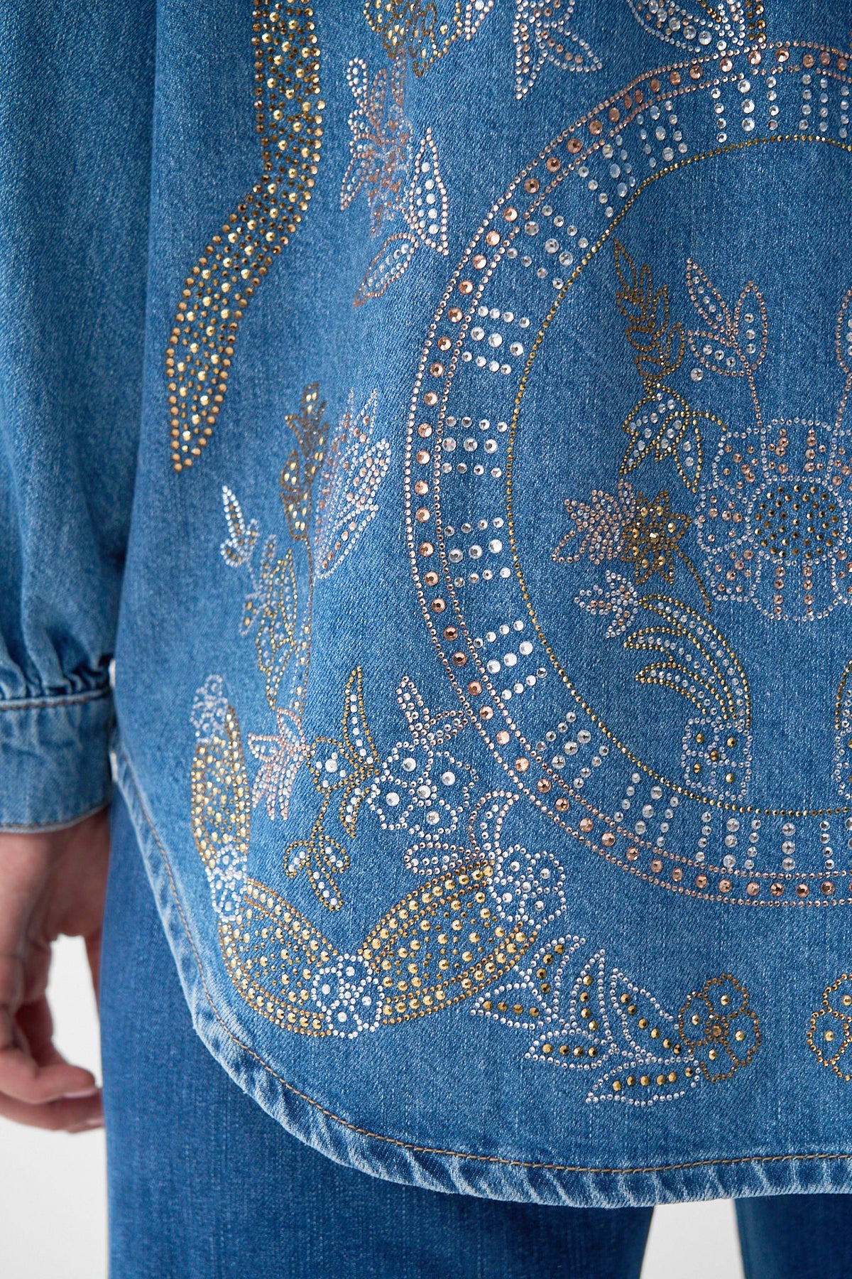 The CAMILLA Lalita Ace Of Lace Long Line Shirt in our Denim print.