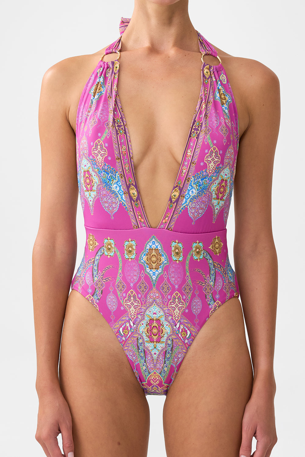 PLUNGE BACKLESS HALTER ONE PIECE WITH RING TIES CONCUBINES, SULTANS & COURTIERS