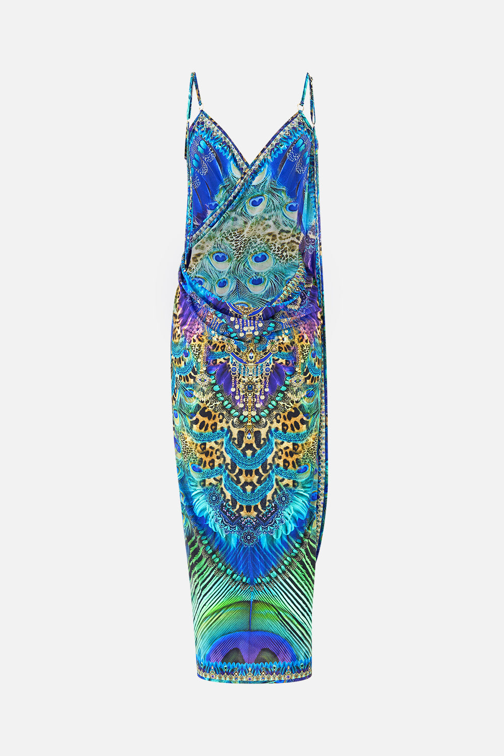 WRAP FRONT BACKLESS BEACH MIDI DRESS WITH TRIMS COSMIC ZOOLOGY