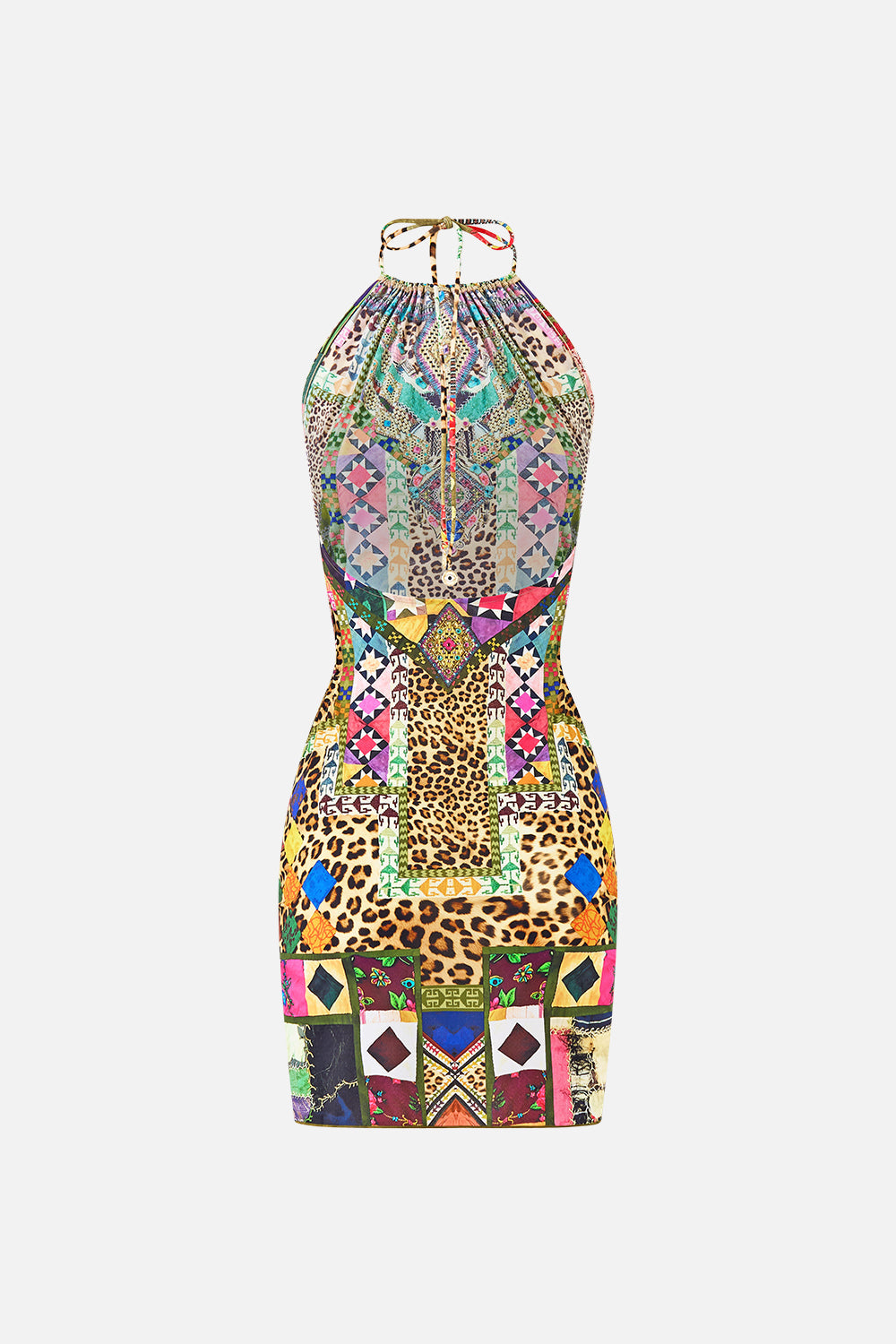HALTER BEACH MINI DRESS W CUT OUT WAIST TRIM EMBROIDERED EVER AFTER
