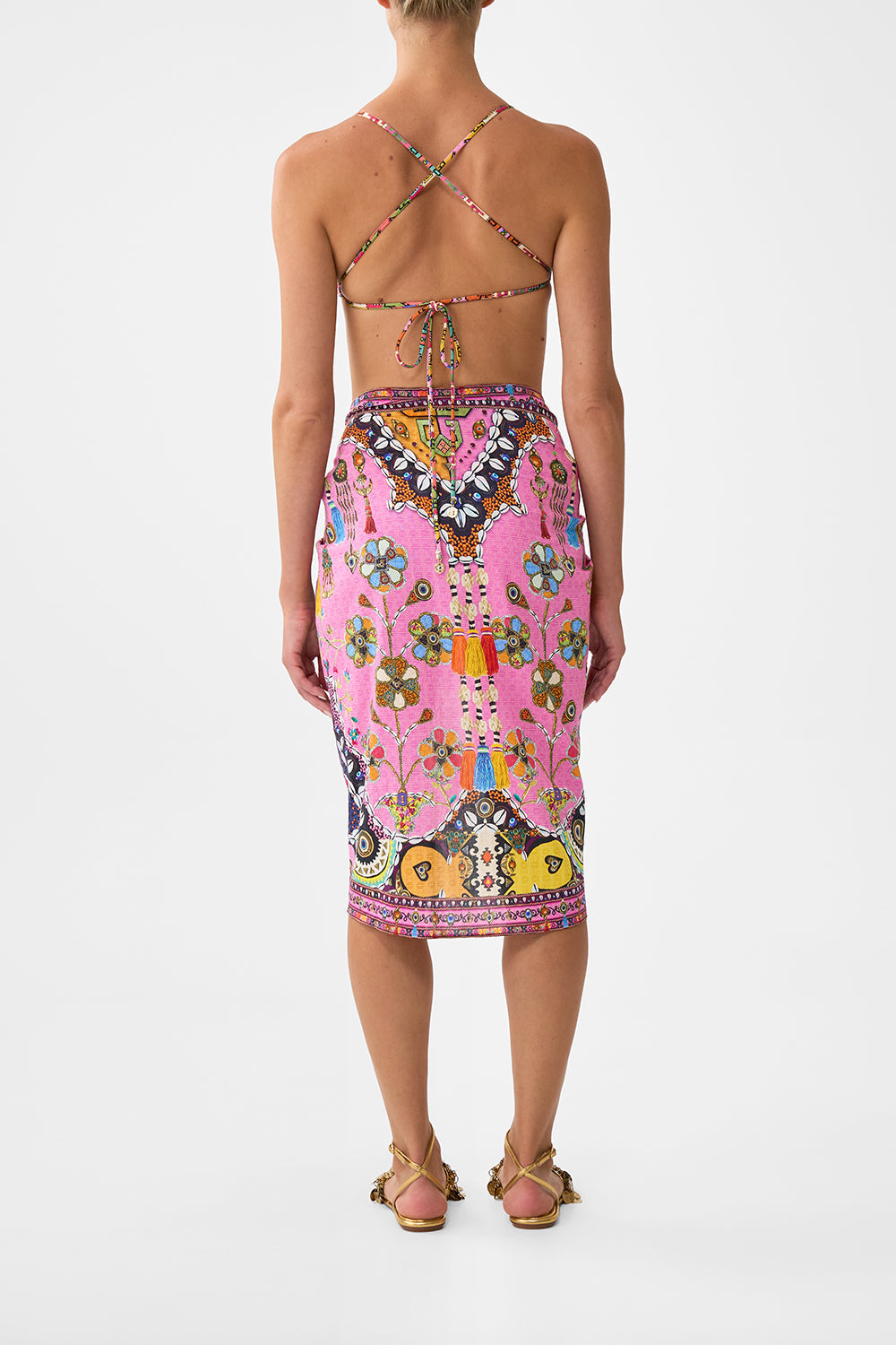 The CAMILLA HALTER TIE BACK TOP NOTES FROM THE ROAD in our  print.