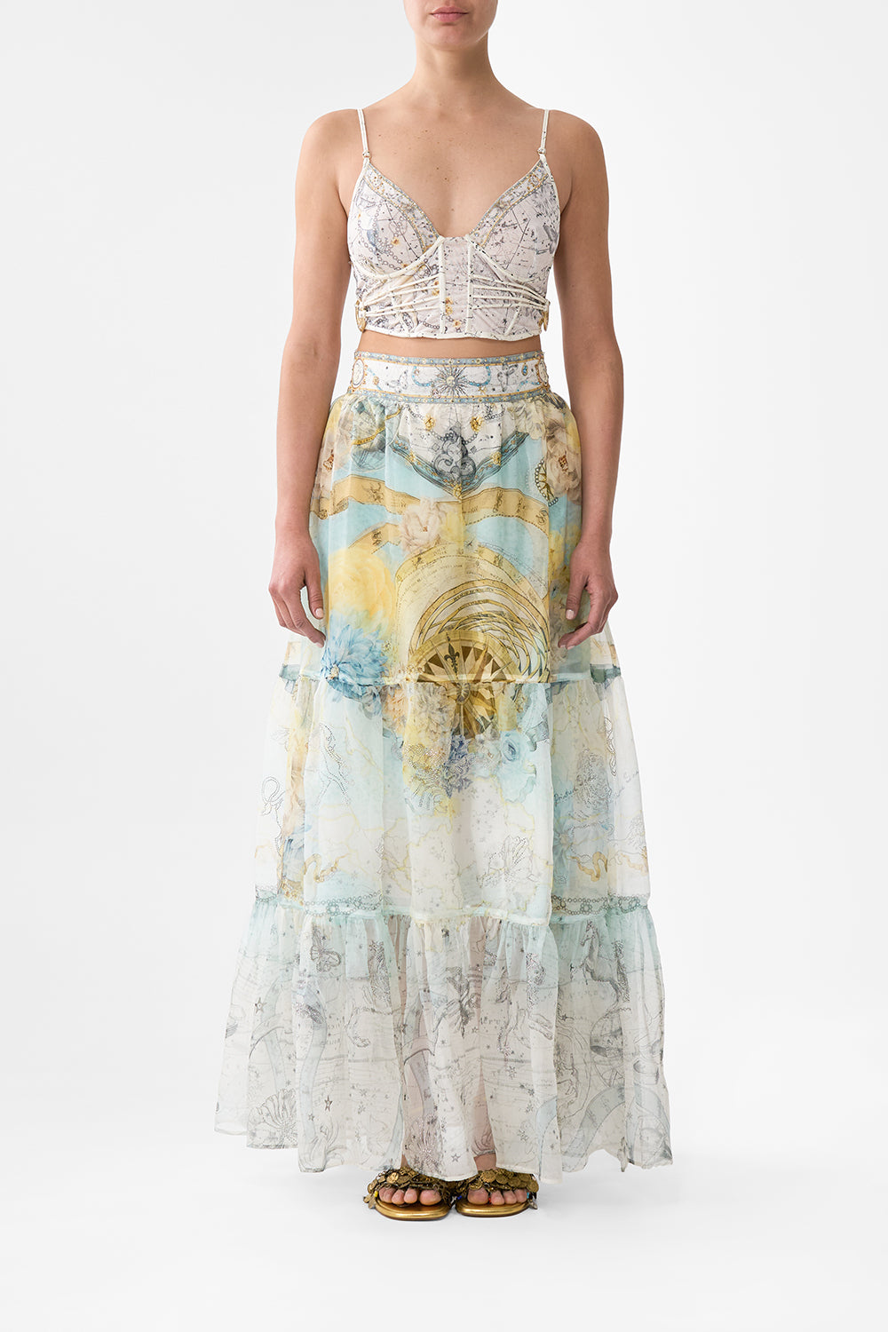 The CAMILLA SHAPED WAISTBAND DRESS WITH GATHERED SLEEVES PALATIAL PASTELS in our  print.